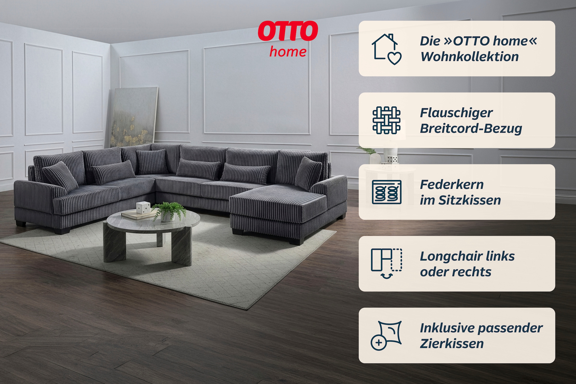 OTTO home Wohnlandschaft »Miron U-Form, B: 332 cm, weicher XXL-Cordbezug« Sofa mit Federkern, 6 Zierkissen, Rücken echt bezogen