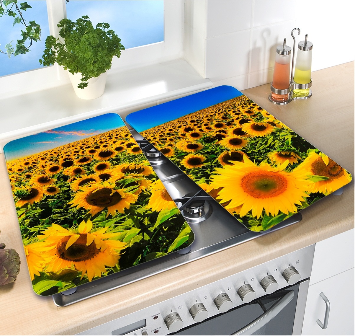 WENKO Herd-Abdeckplatte »Universal Sonnenblumenfeld«, (Set, 2 tlg.)