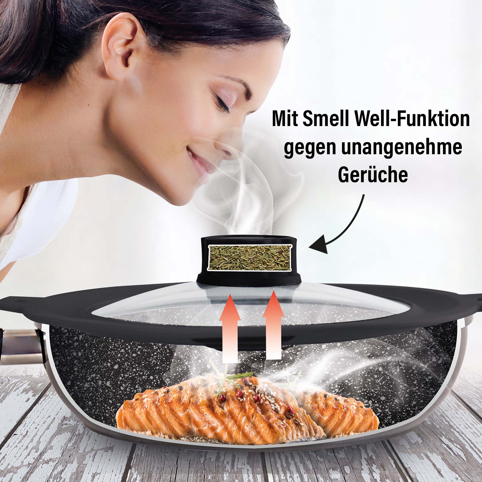 STONELINE Fischpfanne »Smell Well XXL«, Aluminiumguss, (SMELL WELL Filter - 32tlg Nachfüllset: 2 Kohlefilter+30 Aromablättchen), Schnitzelpfanne, inkl. Glasdeckel, Induktion