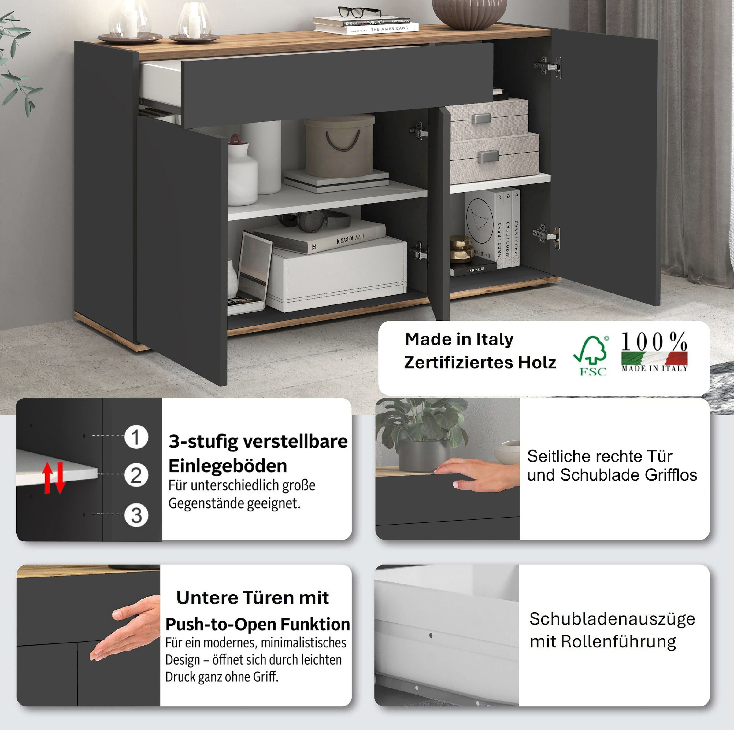 INOSIGN Sideboard »Garda, Kommode, Schrank, Kredenz«, 3 Türen, 1 Schublade, grifflos Breite 120,1 cm