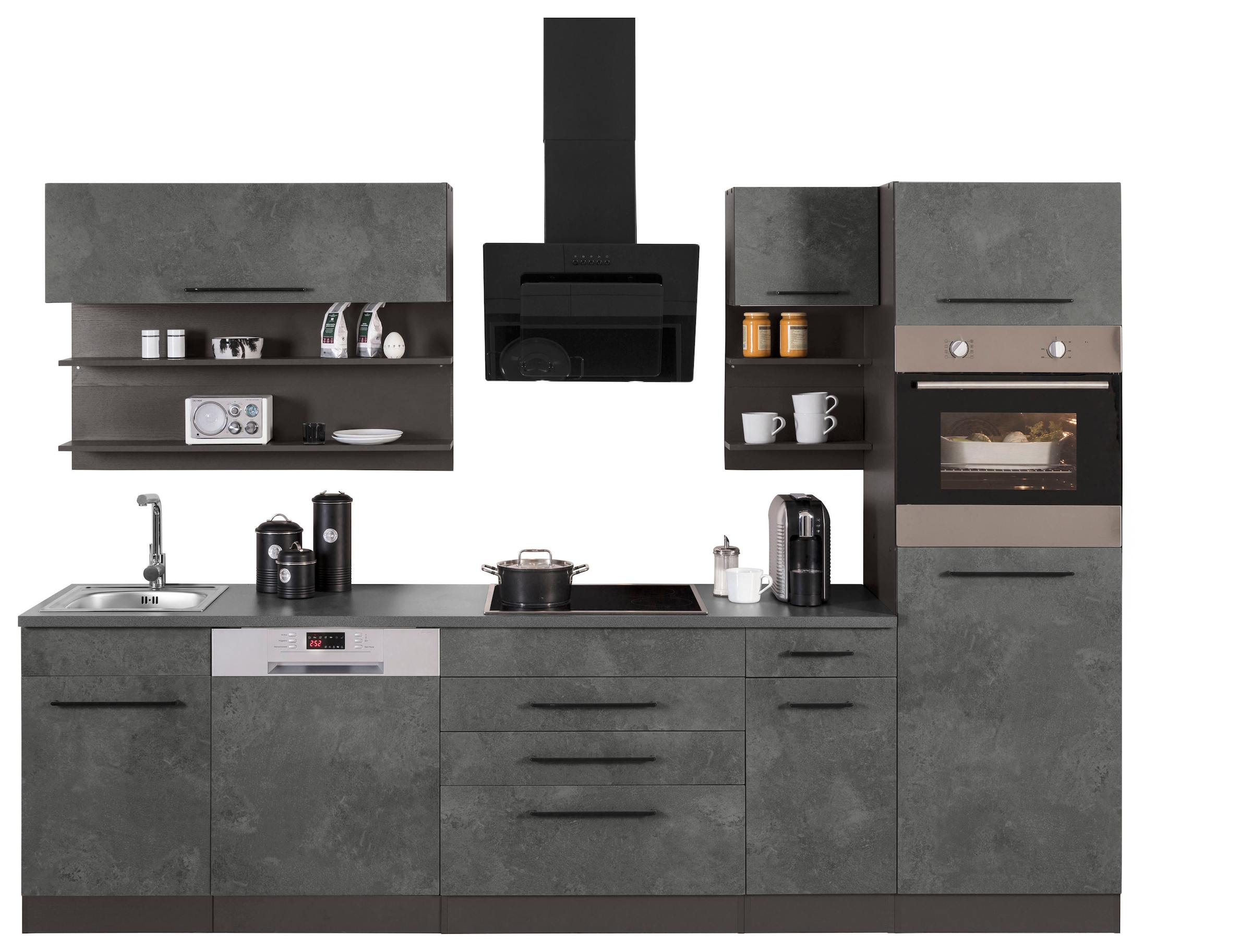 KOCHSTATION Küchenzeile »KS-Tulsa«, ohne E-Geräte, Breite 290 cm, schwarze Metallgriffe, MDF Fronten