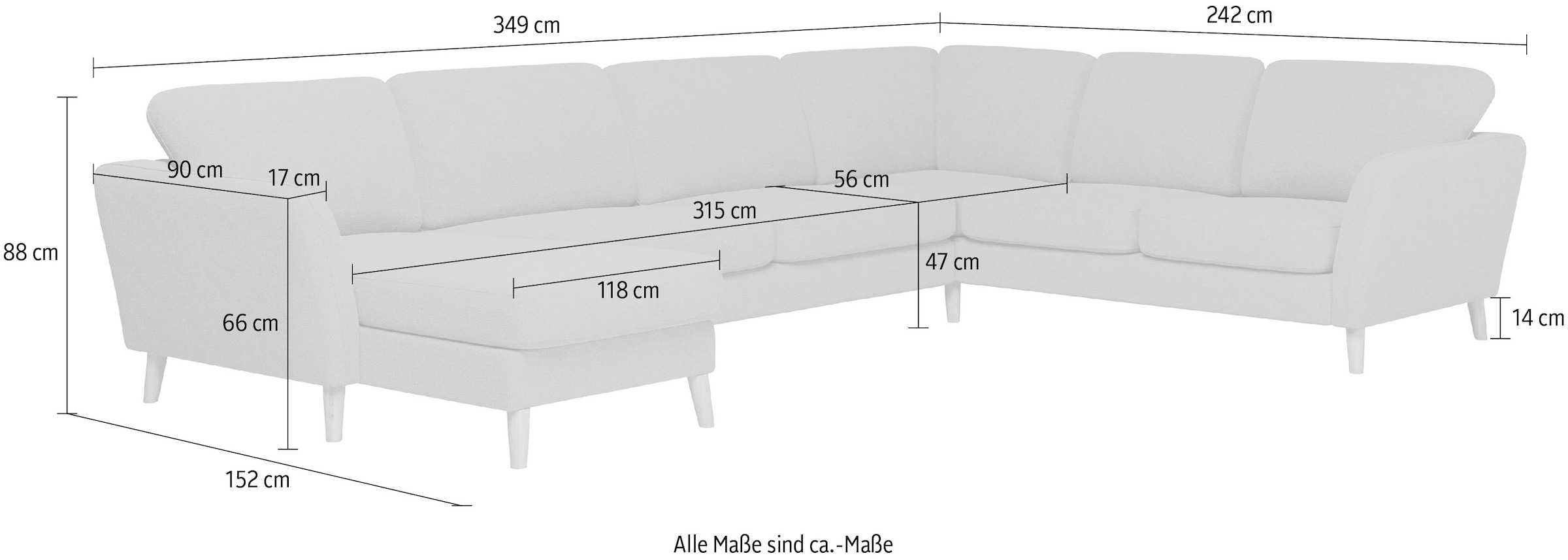 Home affaire Wohnlandschaft »MARSEILLE XXL 349cm, U-Form, Ottomane rechts/links wählbar«, Massivholzbeine aus Eiche, In verschieden Bezügen und Farbvarianten