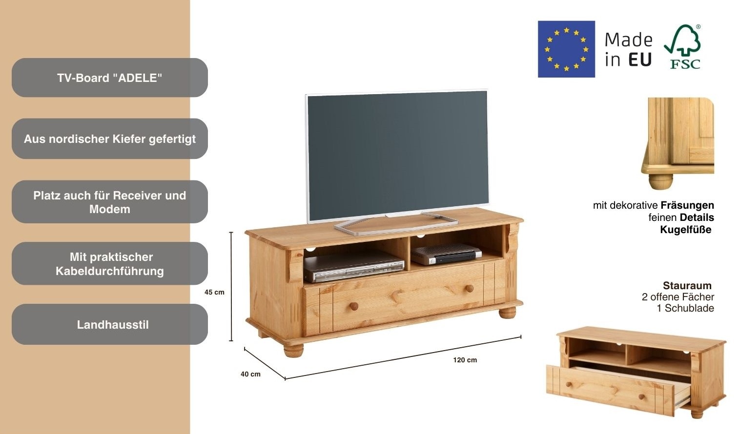 Thumbnail - Home affaire TV-Board "Adele", Breite 120 cm, mit Schublade, aus massiver Kiefer, FSC