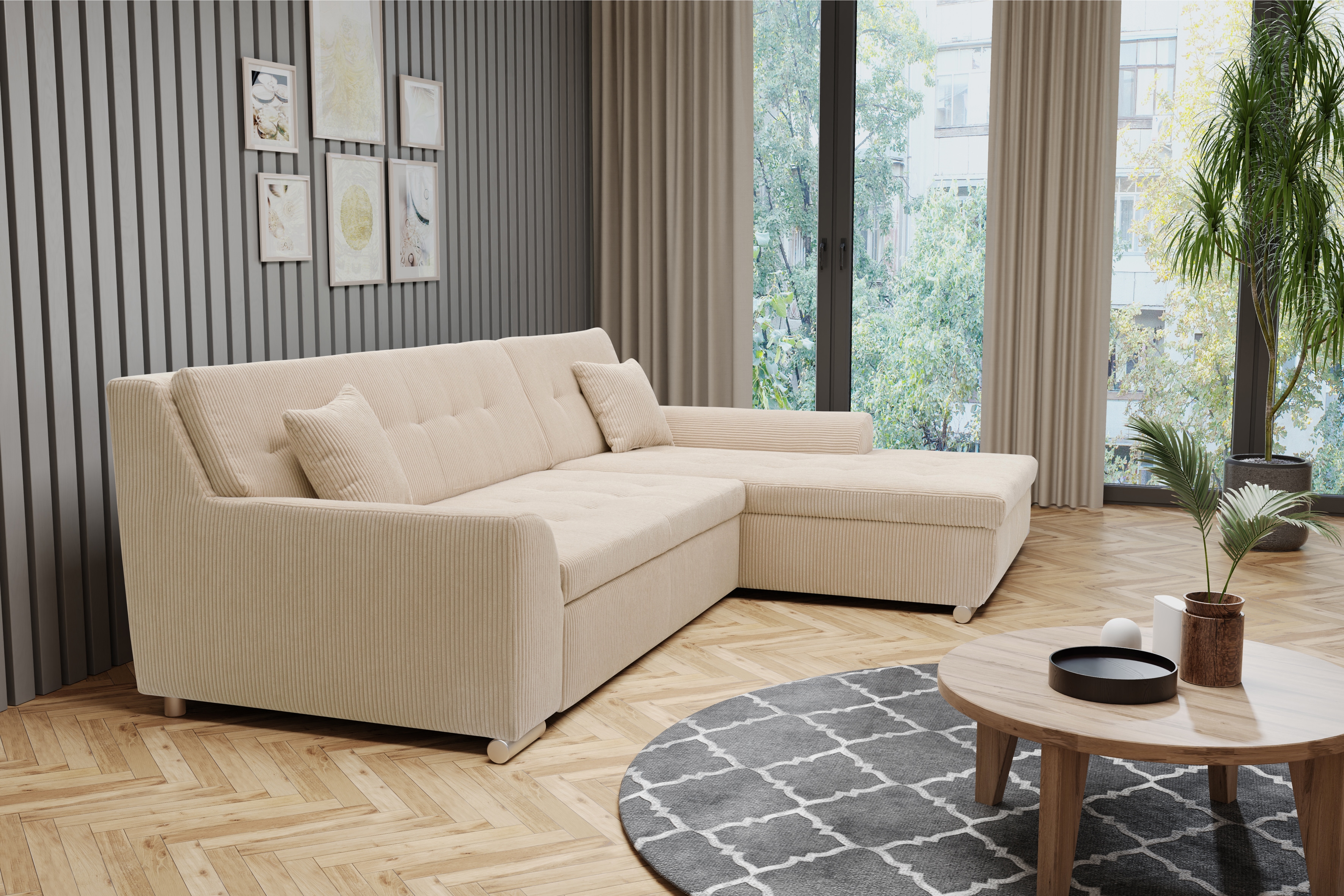 DOMO collection Ecksofa "TREVISO viele Bezüge, auch in Cord, L-Form, 267x178 cm" wahlw. mit Bettfunktion, inkl. Zierkissen, Unser Dauertiefpreis