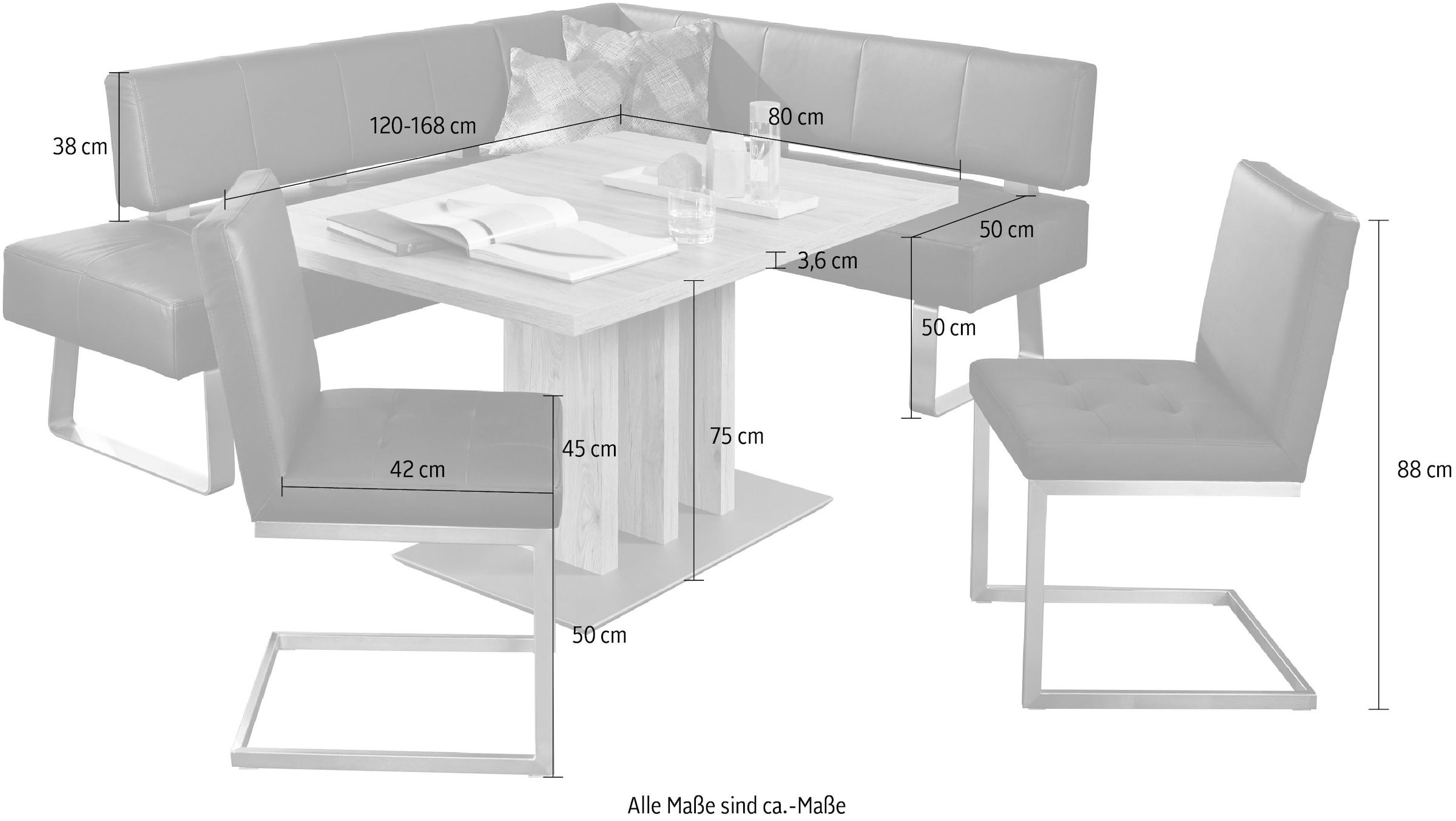 K+W Komfort & Wohnen Eckbankgruppe »Spider II«, (Set, 4 tlg.), langer Schenkel 195cm, 2 Freischwinger, Auszugstisch in Breite 120 cm