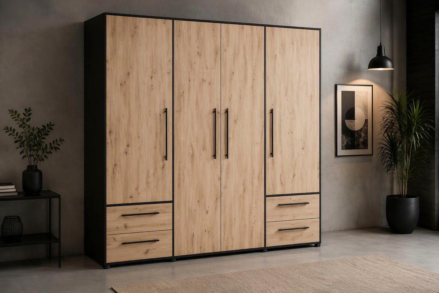 FORTE Kleiderschrank »Mokkaris , Garderobe, zeitloses Design, 4 Türen, Made in Europe« B/H/T ca. 206x200x59cm,  4 Schubladen + schwarze Stangengriffe, Made in Europe, viel Stauraum