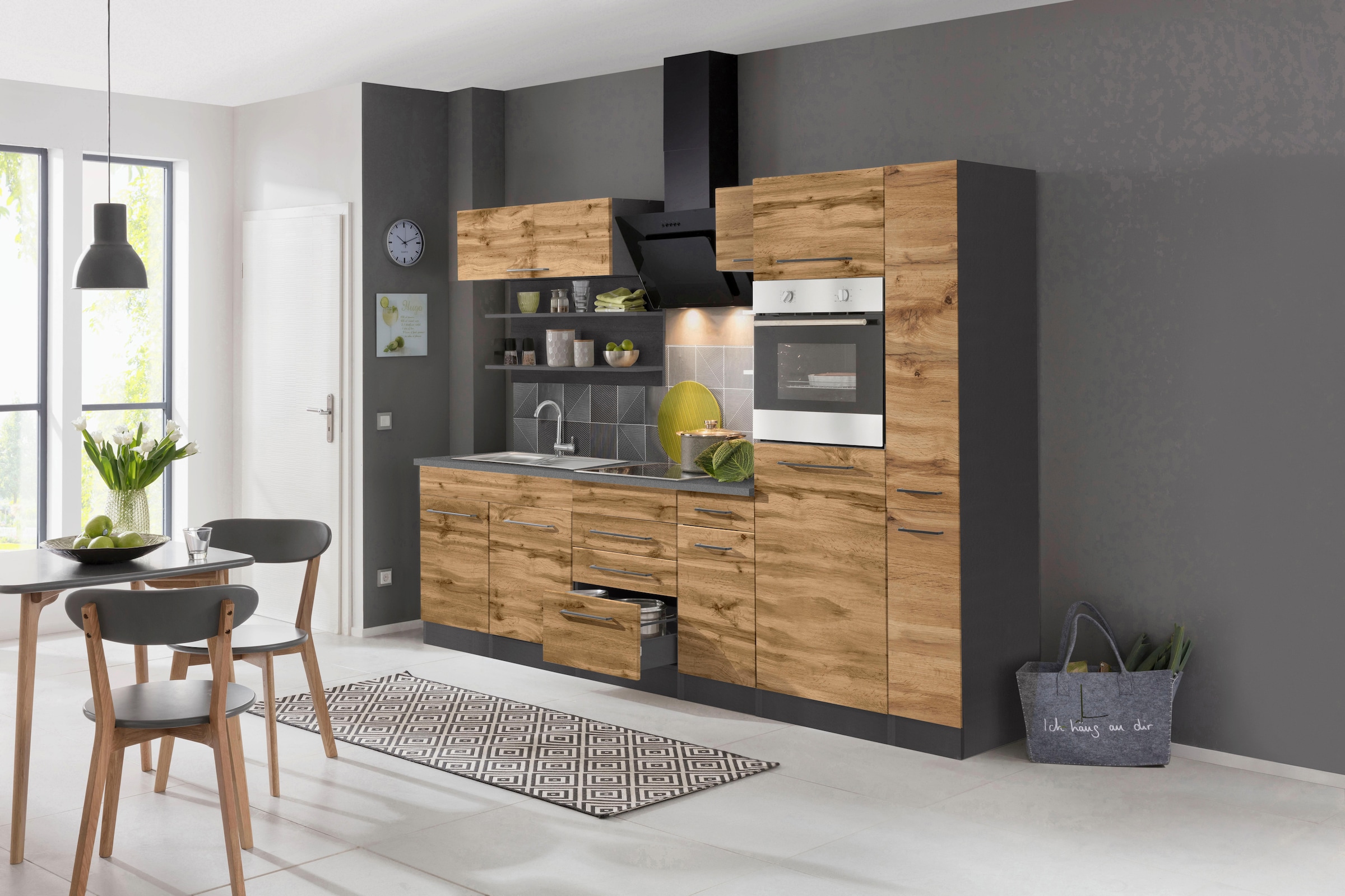 KOCHSTATION Küchenzeile »KS-Tulsa«, ohne E-Geräte, Breite 300 cm, schwarze Metallgriffe, MDF Fronten