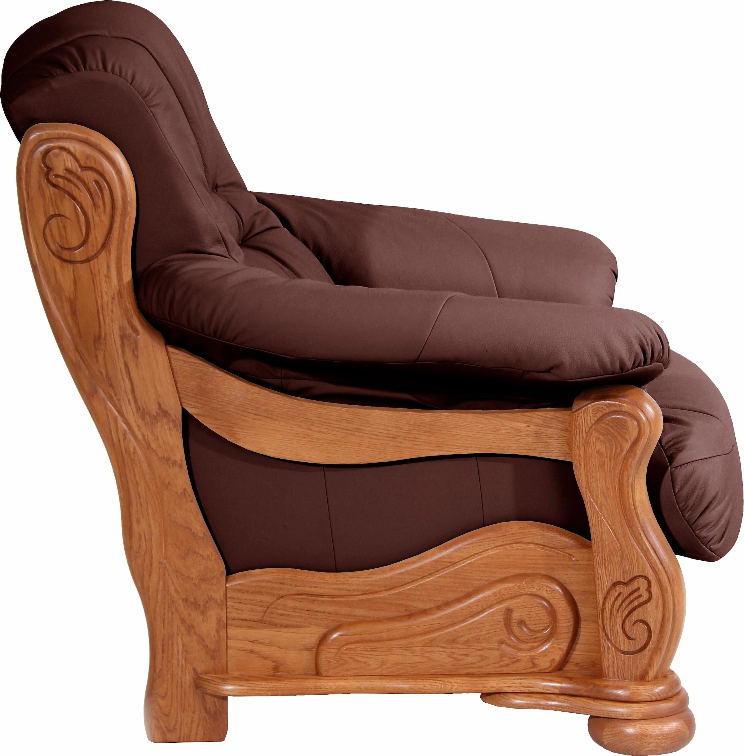 Max Winzer® Sessel »Texas, Loungesessel, Retro Klassiker, bequem, aufwendige Verarbeitung«, mit dekorativem Holzgestell aus Eiche, gefrästen Ornamente im Gestell