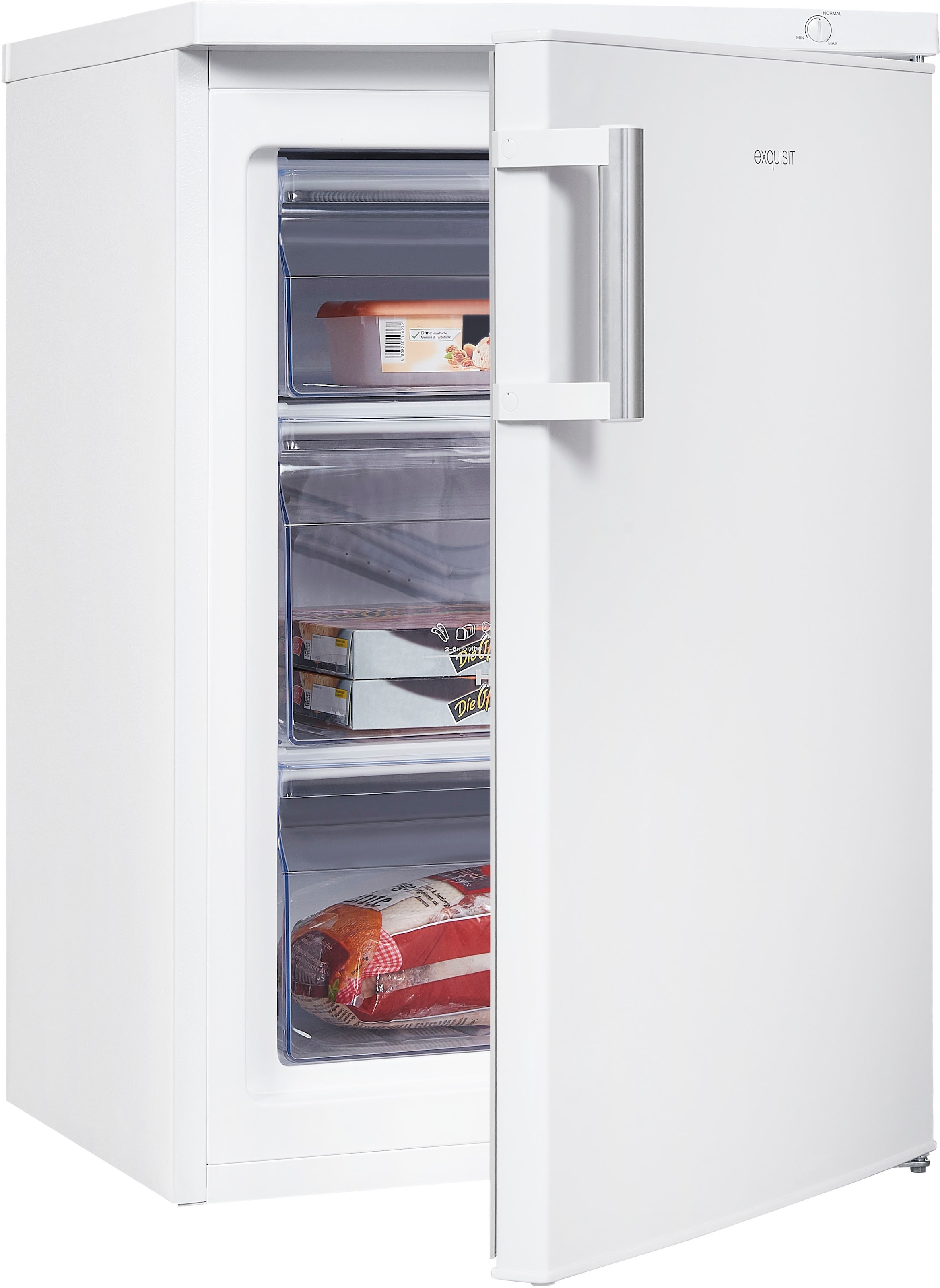 exquisit Gefrierschrank "GS81-H-010D weiss", 85 cm hoch, 56 cm breit, 85 Liter Nutzinhalt, Flexibler Türanschlag, 4 Ster