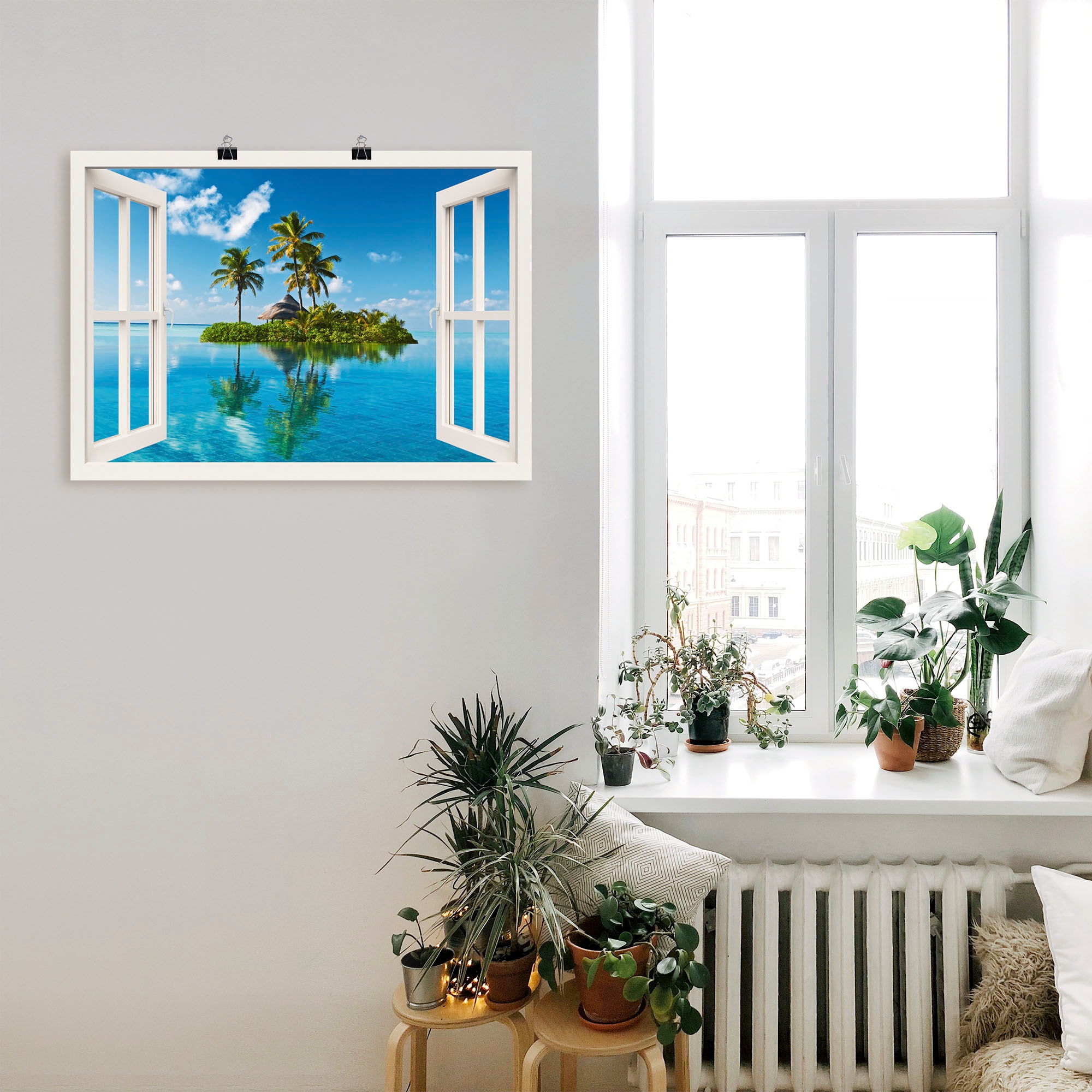 Artland Wandbild »Fensterblick Insel Palmen Meer«, Fensterblick, (1 St.), als Leinwandbild, Poster, Wandaufkleber in verschied. Größen