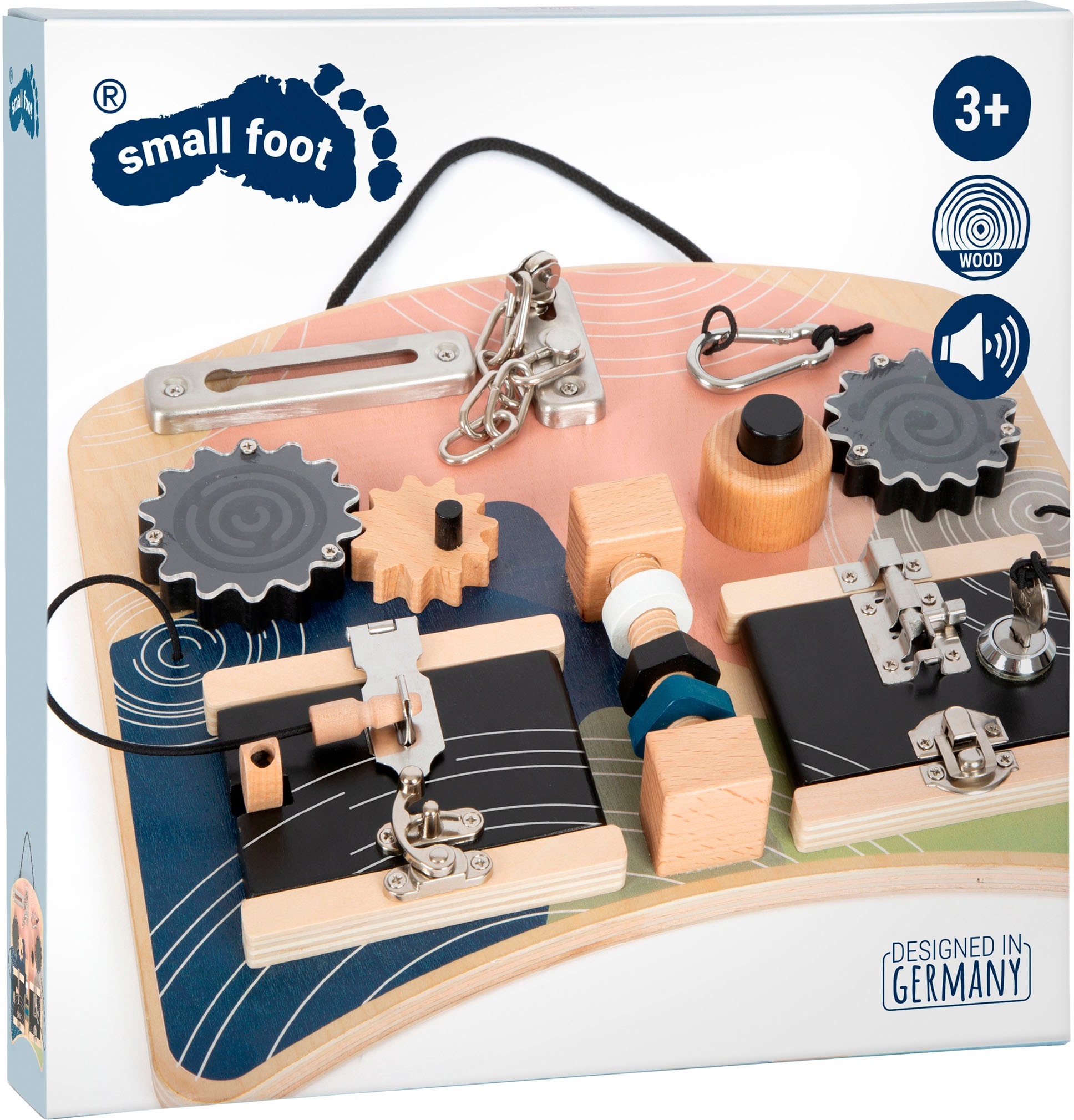 Motorikbrett SMALL FOOT "Schlösser und Rotation", bunt, Motorikspielzeug, BabyB:30cm H:2cm L:25cm, Holz, Kunststoff, Metall, B:30cm H:2cm L:25cm 3