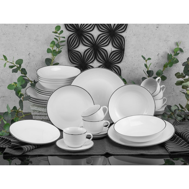 CreaTable Kombiservice »Luna Black Line«, (Set, 30 tlg.), handgemaltes  Liniendekor | BAUR