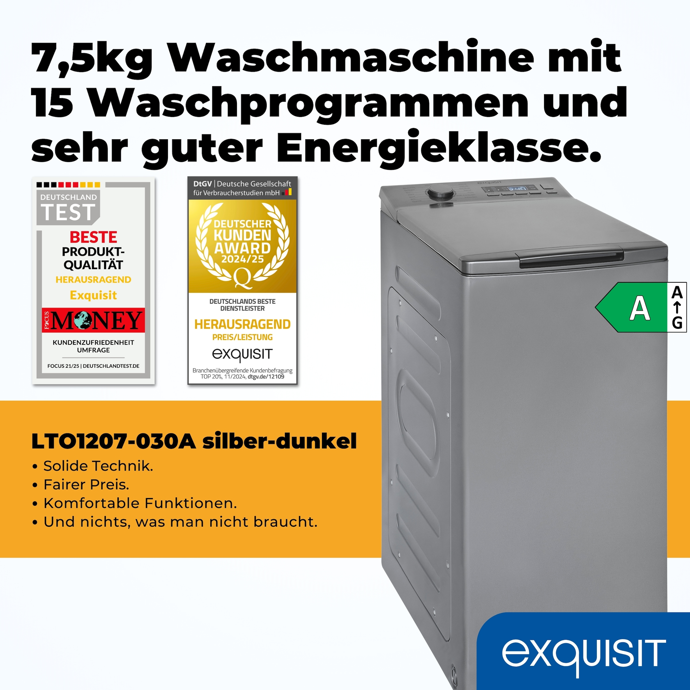 exquisit Waschmaschine »LTO1207-030A silber-dunkel«, 7,5 kg, 15 Programme, Restlaufzeitanzeige, Kindersicheruing