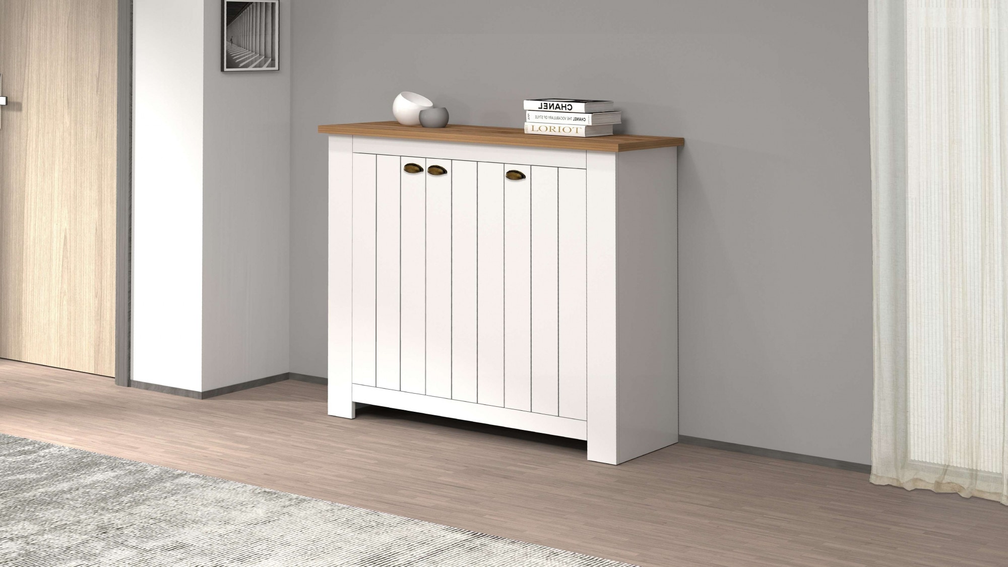 INOSIGN Schuhschrank »FIGO, Made in Italy – Schuhkommode,Schuhregal für ca. 30 Paar Schuhe«, (1 St.), 3-Türig, Siebdruck-dekorative Fräsungen, 10 Fächer, Höhe: 100 cm