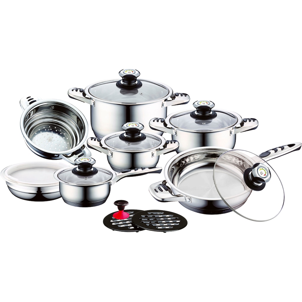 CS Koch-Systeme Topf-Set »Aurich«, Edelstahl, (Set, 16 tlg., Bratentopf 16/20/24cm, Stieltopf 16cm, Pfanne 24cm, Einsatz, Schüssel)