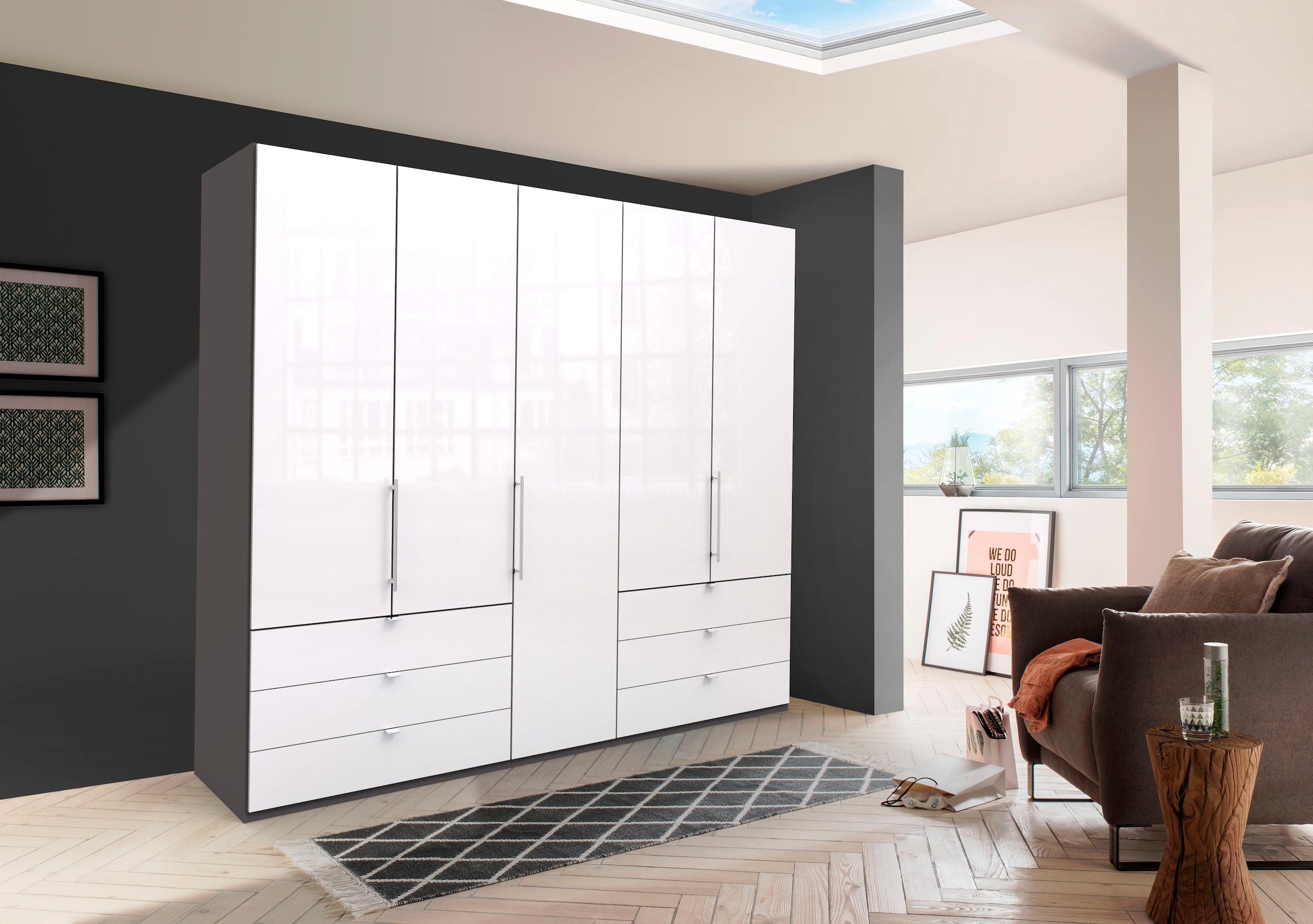 WIEMANN Falttürenschrank "Loft, Kleiderschrank, Schrank, Wäscheschrank, mit Glasfront" 3 Breiten, 2 Höhen 216/236 cm auswählbar, MADE IN GERMANY, inkl. gepämpften Schubkästen und Türen, mit Panoramaöffnung