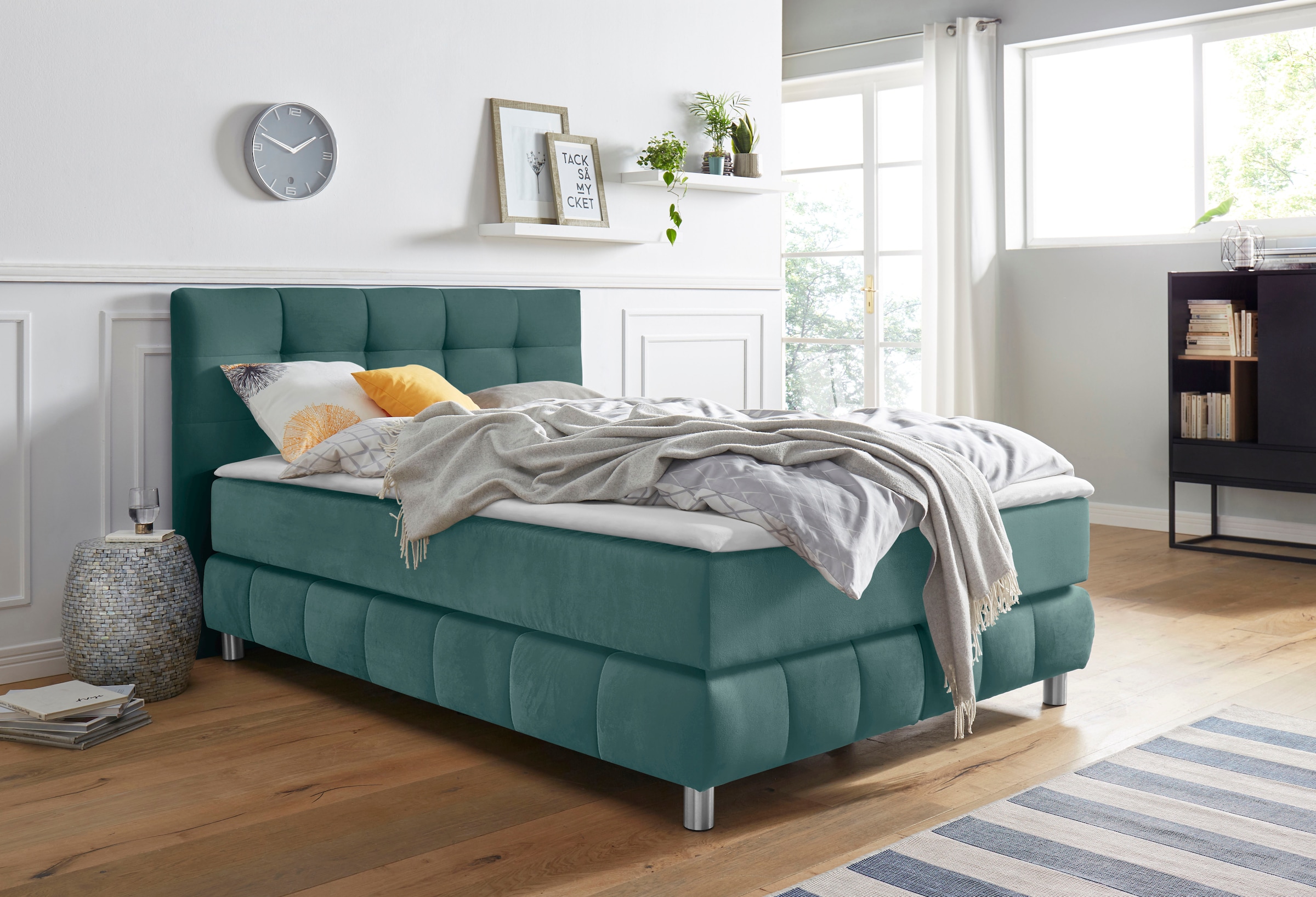 Boxspringbett HOME AFFAIRE "Salo", blau (petrol), B:154cm L:211cm, Struktur (100% Polyester);Bezug der Spiegelfläche Matratzendrell aus 100% Polyester;Samtoptik (100% Polyester), Komplettbetten, Boxspringbett, incl. Topper, 6 Breiten, 2 Härtegrade, TFK au 10