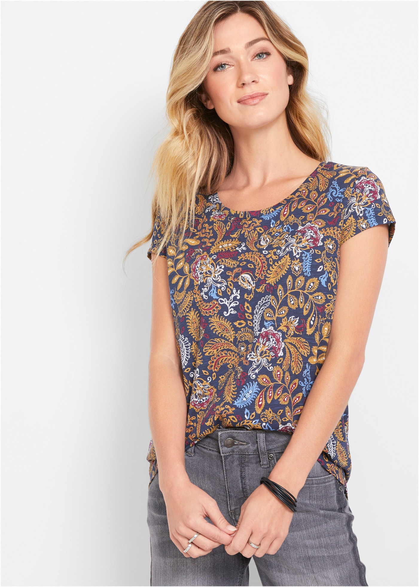 T-Shirt BONPRIX, Damen, Gr. 48/50 (XL), dunkelblau bedruckt, Jersey, Obermaterial: 100% Baumwolle, Paisley, bedruckt, figurumspielend hüftbedeckend, Rundhals, Shirts T-Shirt, taillierte Passform, Baumwollmischung, Paisley-Alloverdruck