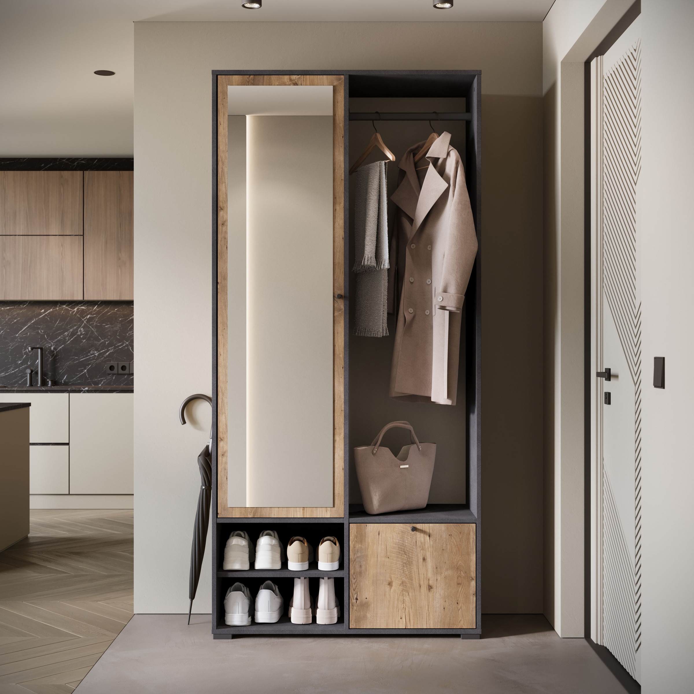 INOSIGN Garderobenschrank »DINO Kompaktgarderobe, Garderoben-Set DINO«, Mit Spiegel und Kleiderstange, 90 cm breit, Türanschlag wechselbar