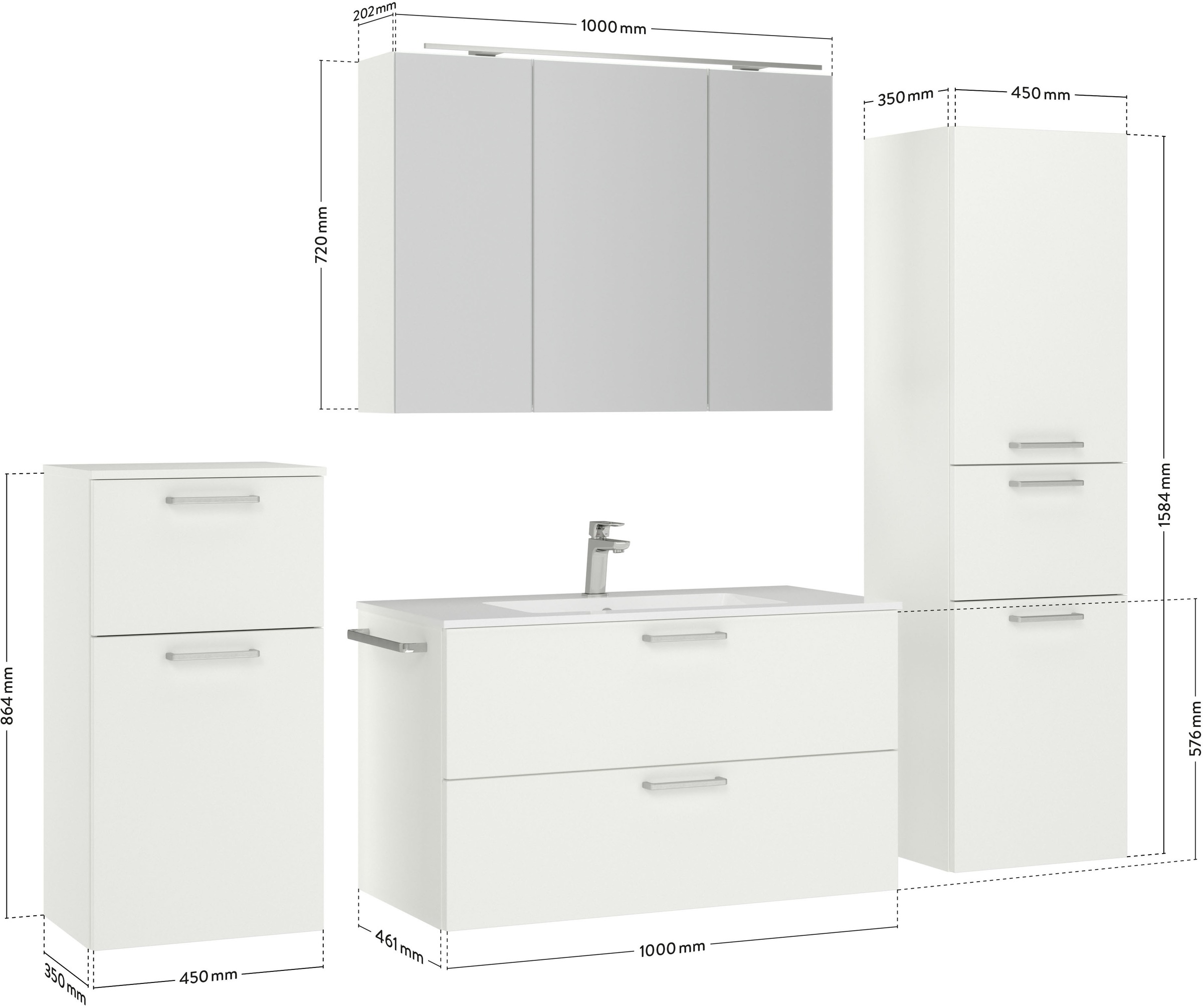 nobilia® Badmöbel-Set »Tolvina«, (4 St., vormontiert, mit Soft-Close), inkl. Spiegelschrank mit Beleuchtung und Dimmerfunktion, in 4 Breiten