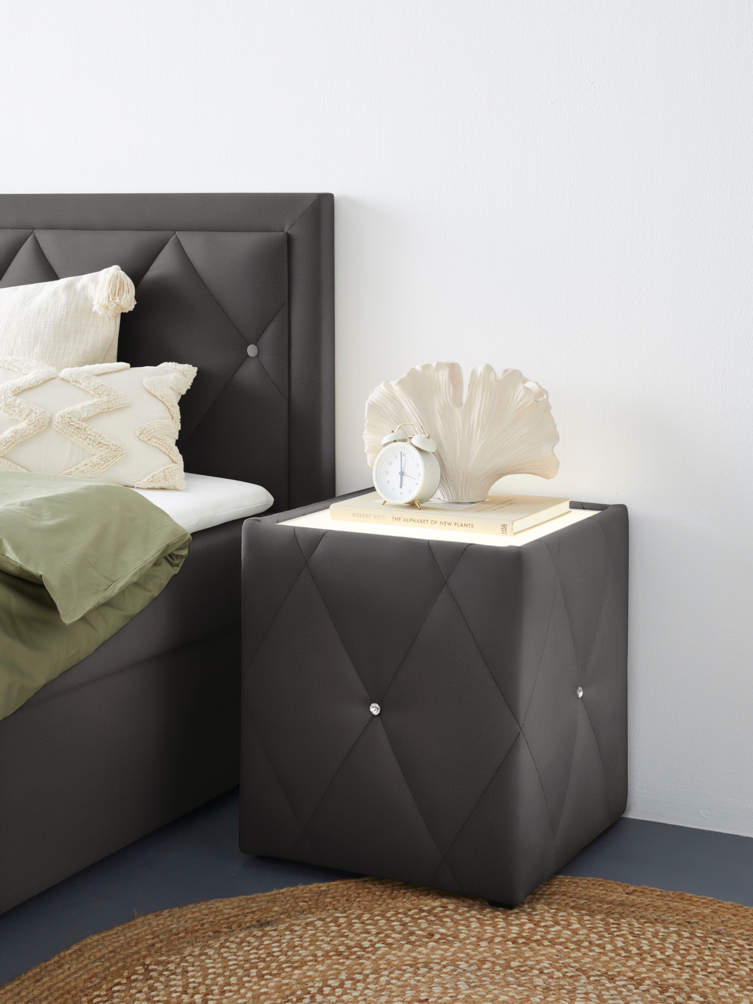 Nachttisch HOME AFFAIRE "Alfie", grau (anthrazit, plexi milchglas), B:50cm H:53cm T:50cm, Tische, Nachttisch, mit Beleuchtung und Bezug aus Samtverlours