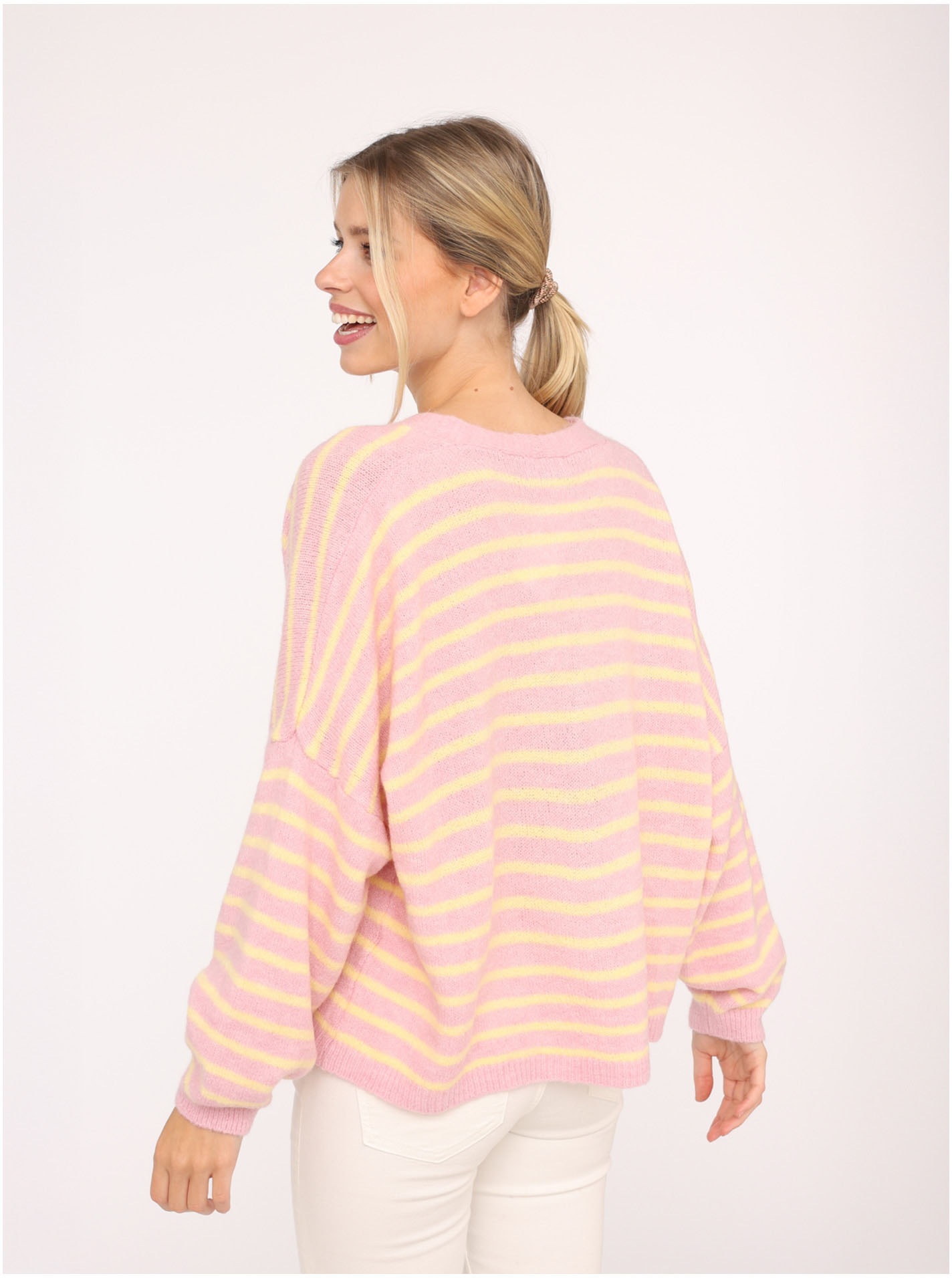 Thumbnail - Zwillingsherz Strickjacke ""Streifen"" One Size, Loose-Fit, Langarm, Wollanteil, V-Ausschnitt