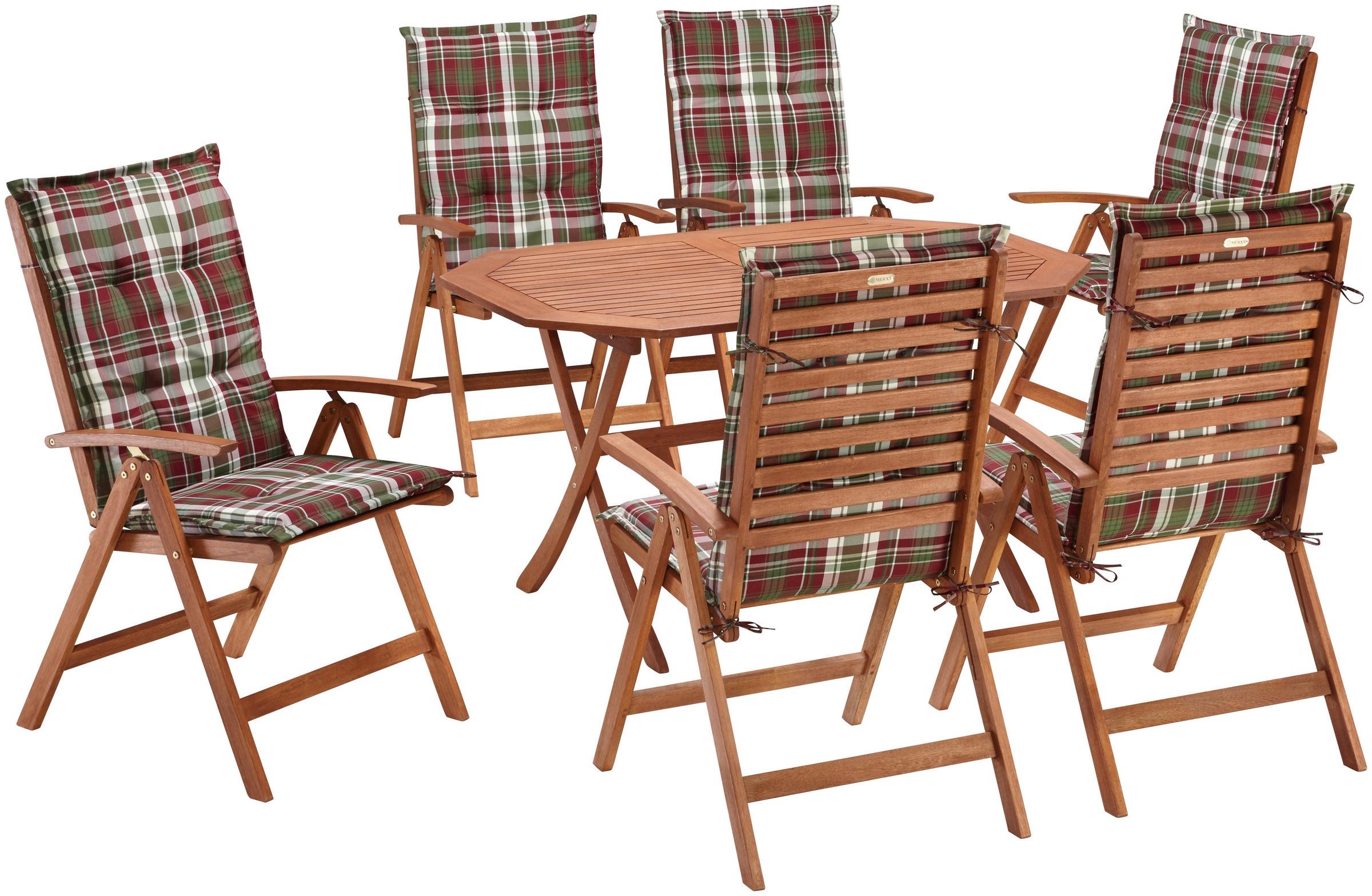MERXX Garten-Essgruppe "Borkum" 6x Sessel, inkl. Sitz- und Rückenkissen, 1x Klapptisch 135x85 cm, 13 Stk. tlg. Eukalyptusholz, FSC Mix, geeignet für 6 Personen