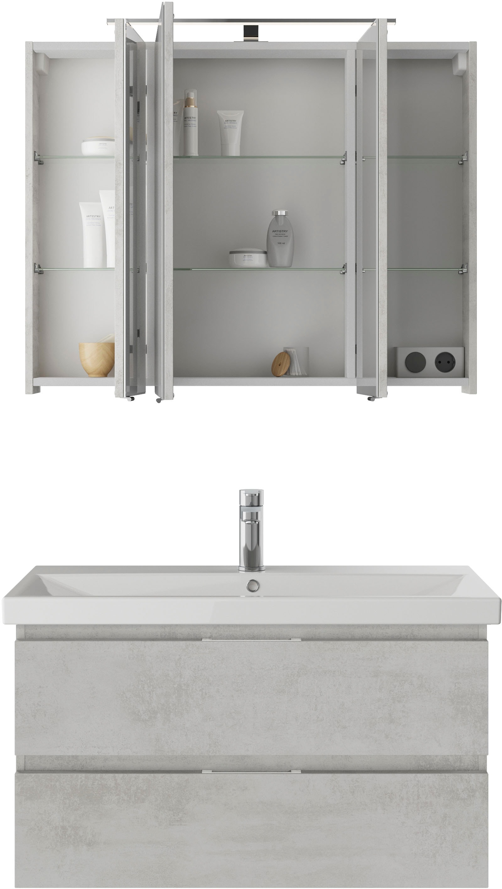 Saphir Badmöbel-Set »Serie 4035 2-teilig, Keramikwaschtisch mit LED-Spiegelschrank«, (Set), 90 cm breit, inkl. Türdämpfer, 2 Schubladen, 3 Türen, 6 Einlegeböden