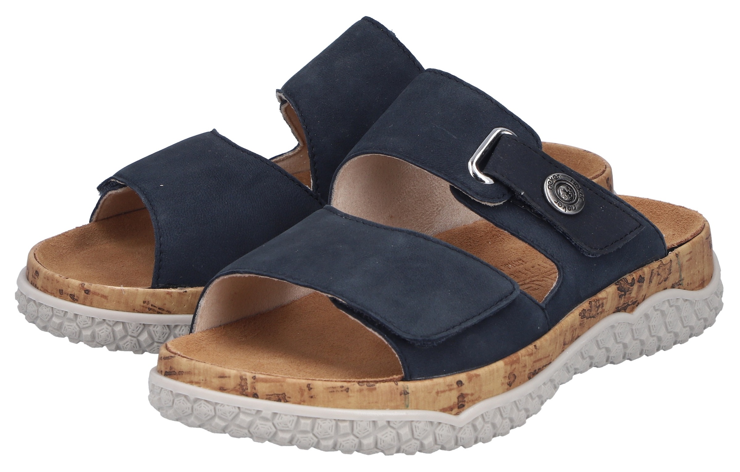 Pantolette RIEKER, Damen, Gr. 41, nachtblau, Nubukleder, unifarben, Schuhe Pantolette, Sommerschuh, Schlupfschuh, Hausschuh mit Klettriemchen