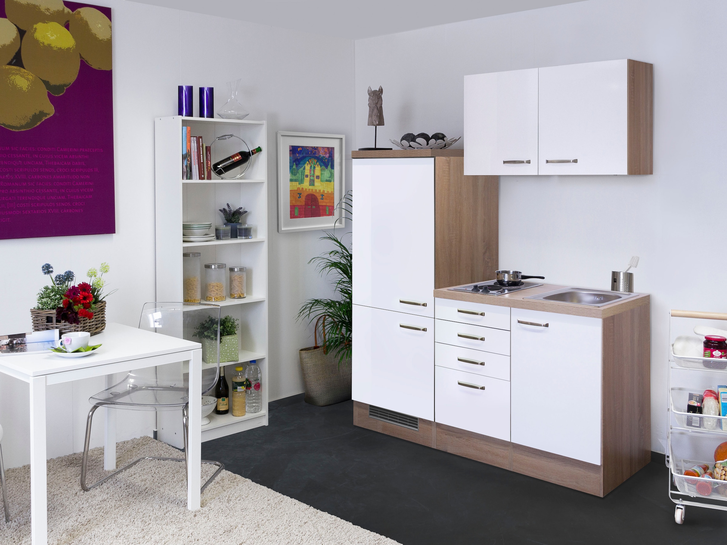 Flex-Well Pantryküche »Florenz«, Gesamtbreite 160 cm, mit Einbau-Kühlschrank, Kochfeld und Spüle etc.