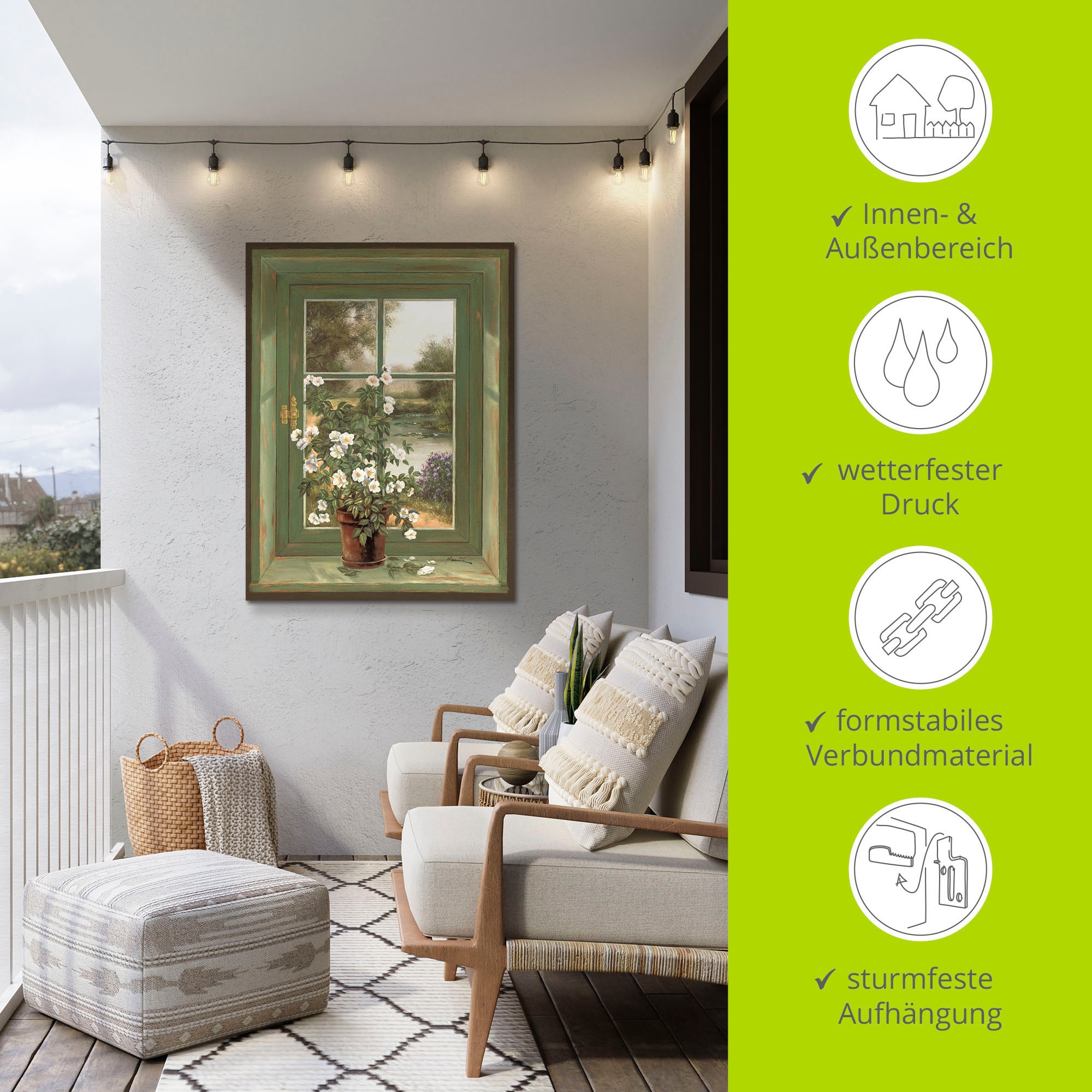 Artland Wandbild »Wildrosen am Fenster«, Arrangements, (1 St.), als Alubild, Outdoorbild, Leinwandbild, Poster, Wandaufkleber