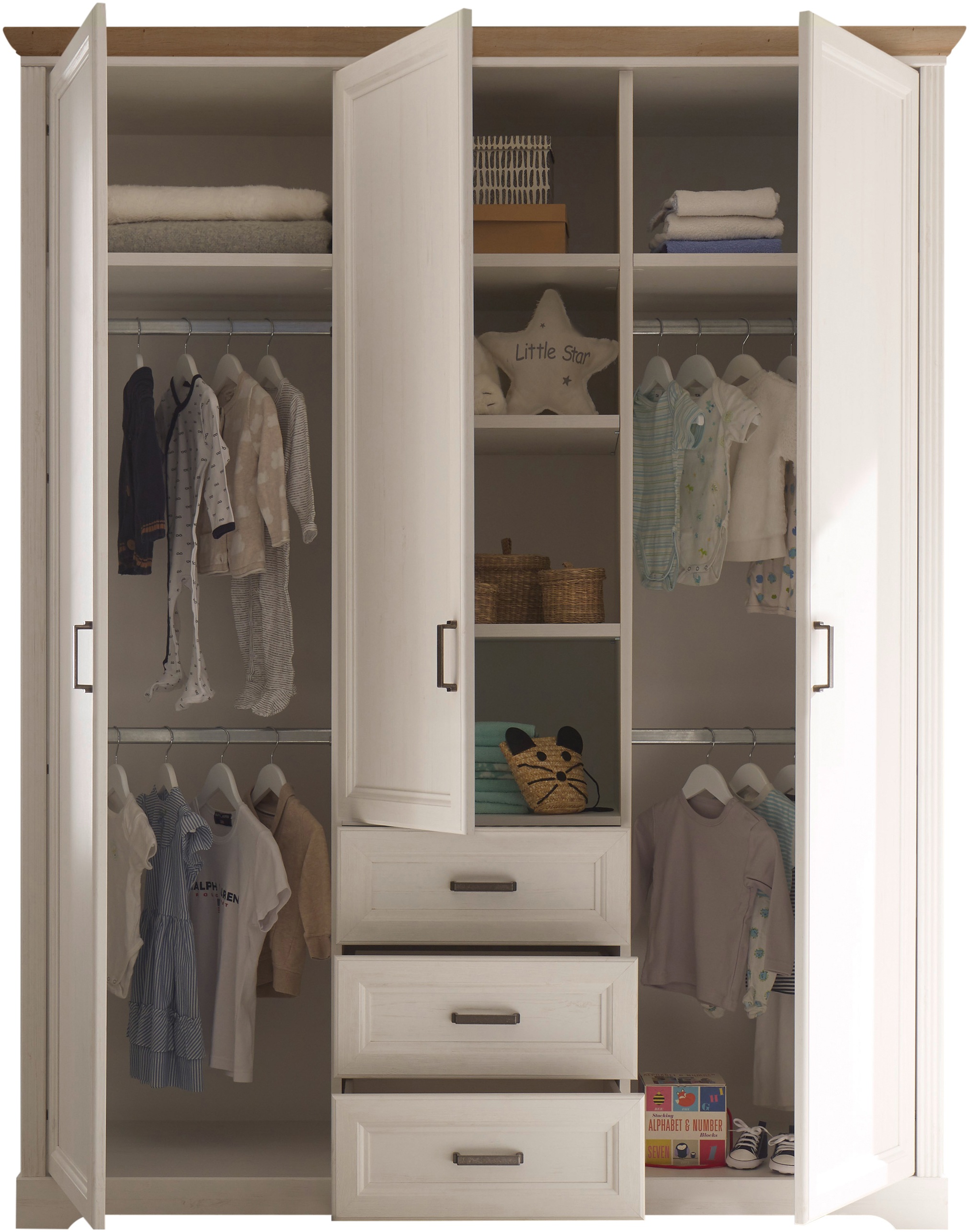 Begabino Drehtürenschrank »Jasmin Schrank, Kleiderschrank mit Drehtüren«, im Landhausstil, Kranzleiste mit farblicher Absetzung