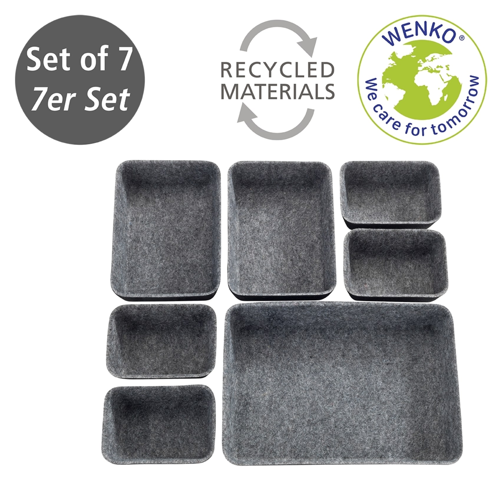 WENKO Organizer, (Set, 7 St.), Aufbewahrungsboxen für Schubladen, 3 Größen, recycelter Polyesterfilz