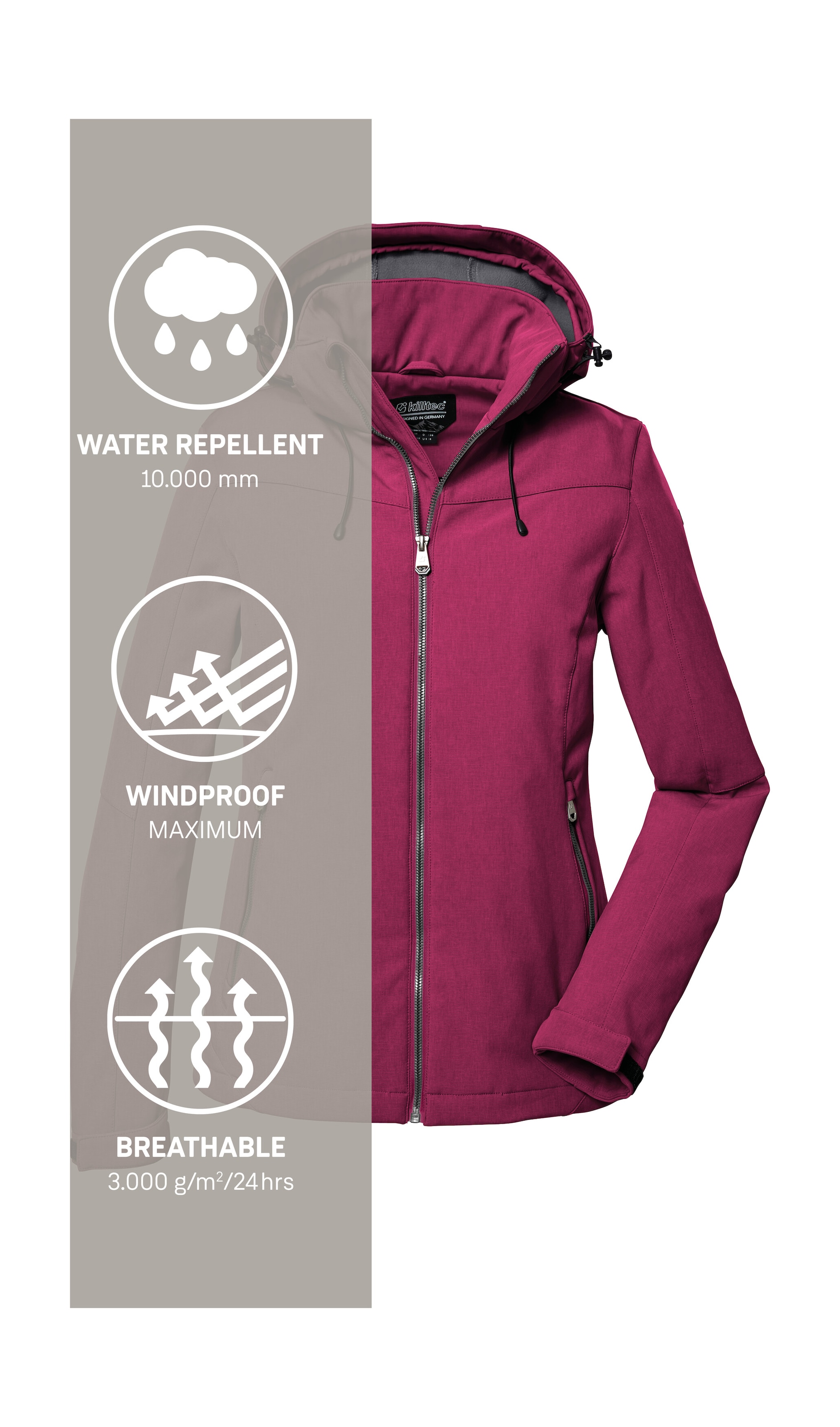 Killtec Softshelljacke »Damen Softshelljacke«, Wasserabweisende, winddichte Softshelljacke mit abnehmbarer Kapuze
