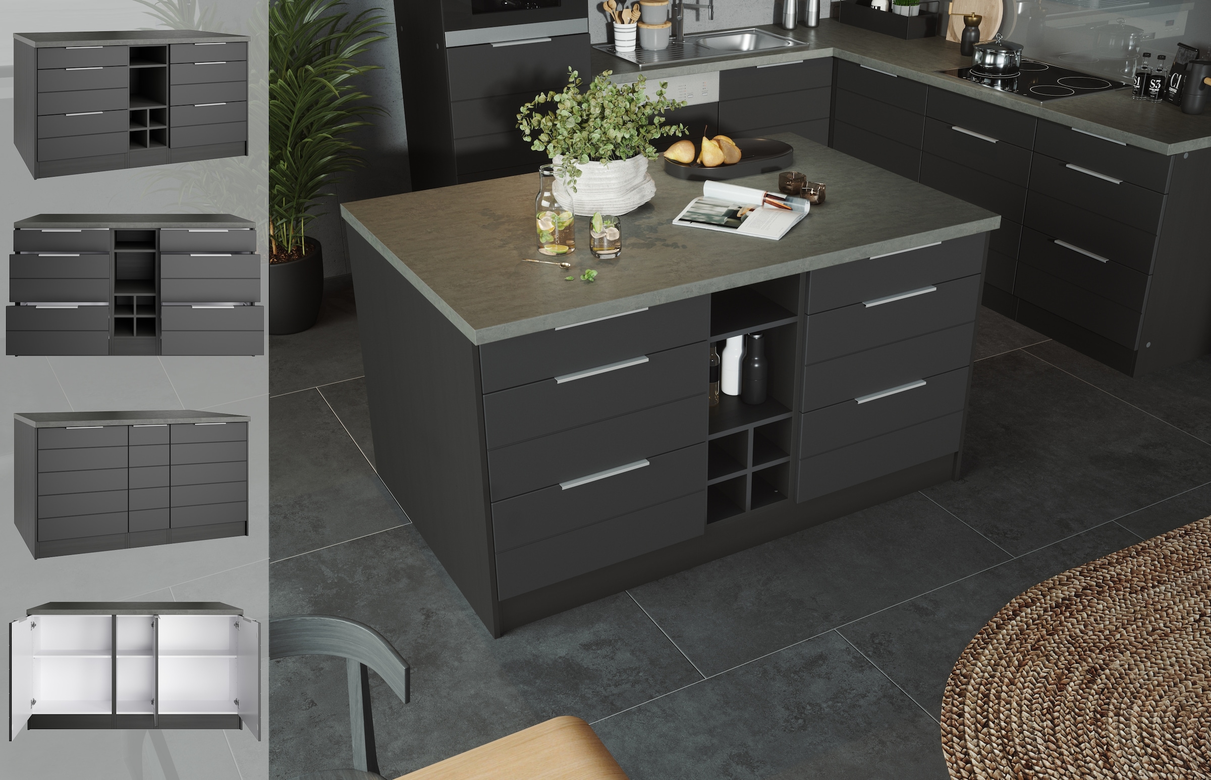 KOCHSTATION Kücheninsel »KS-Luhe, Breite 153 cm, mit Flaschenregal«, MDF-Fronten, Arbeitsplatte 38mm stark