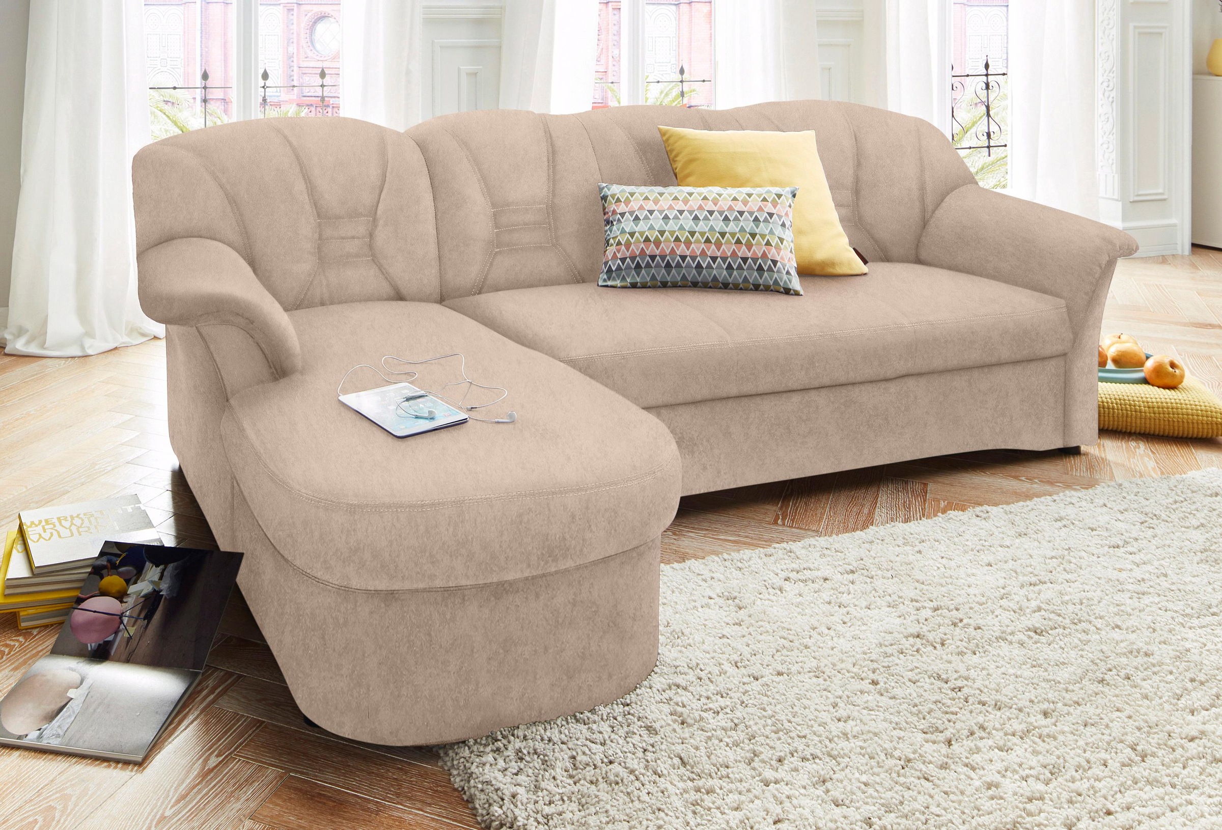 DOMO collection Ecksofa "ELVA 233x142 cm, elegante Rückensteppung, L-Form" whlw. mit Bettfunktion und Federkern
