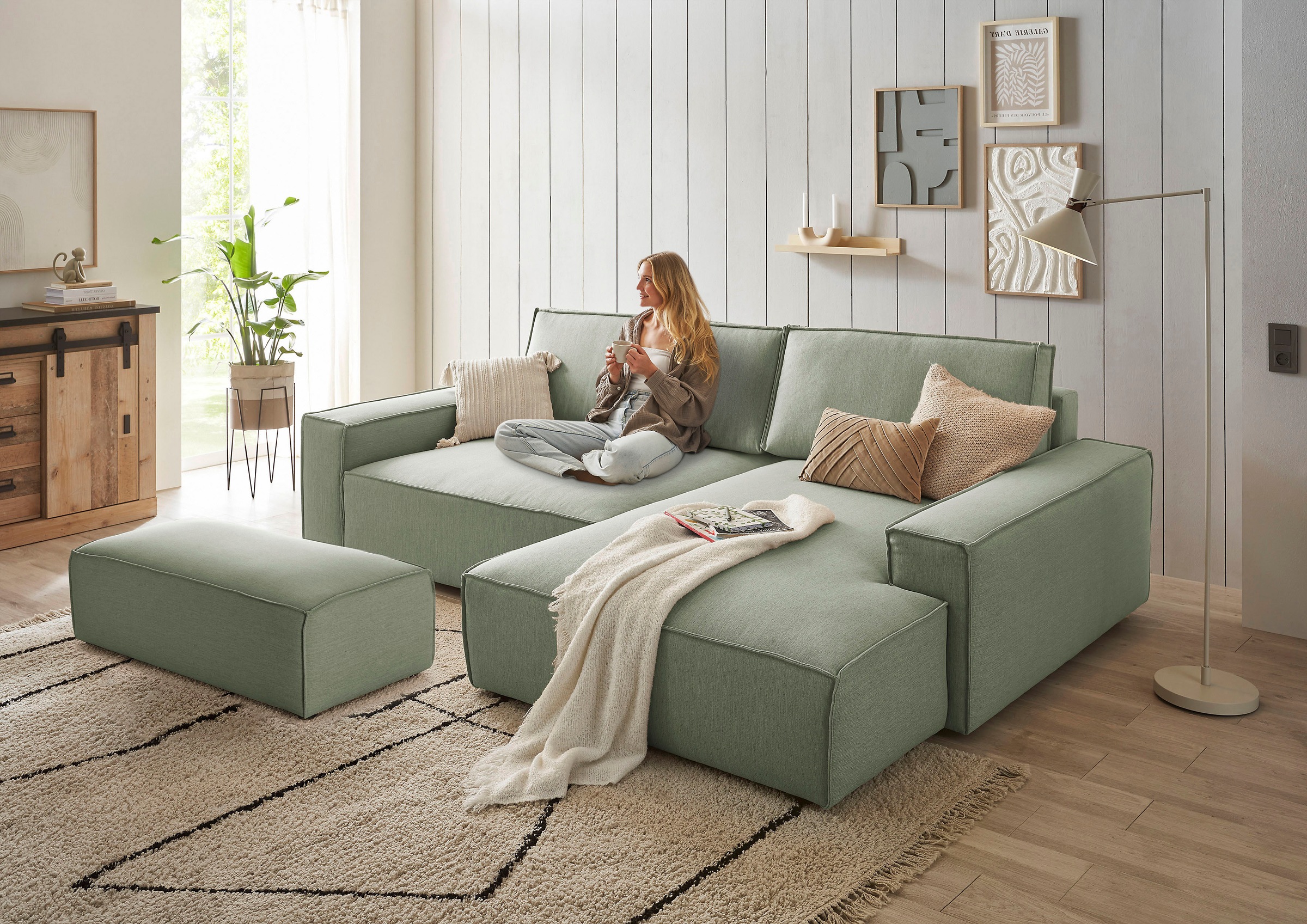 Home affaire Polsterecke »NEU: SHERWOOD XXL tief, L-Form mit Schlaffunktion, Big-Sofa mit Hocker«, (Set, 2 St.), stellbar zum Schlafsofa (Krokodilverbinder), Cord, Leinenoptik