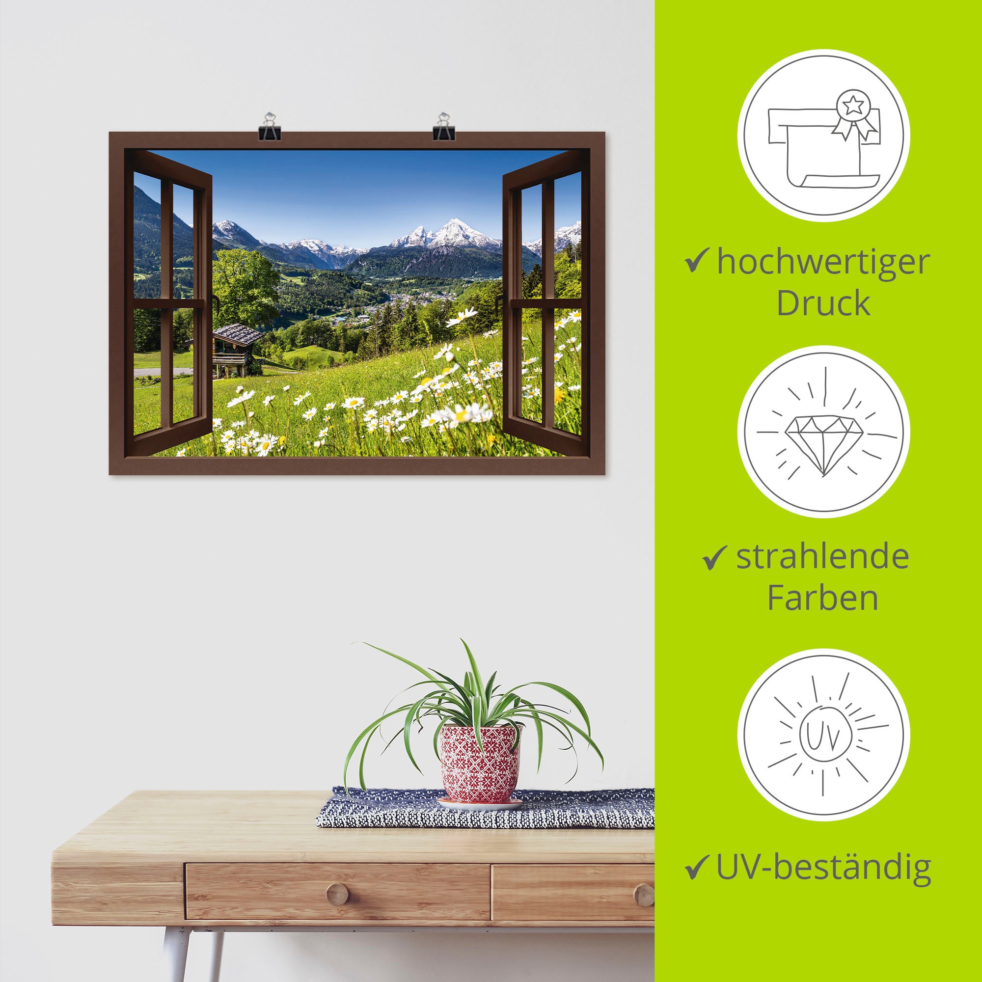 Artland Wandbild »Fensterblick Bayerischen Alpen«, Berge, (1 St.), als Alubild, Outdoorbild, Leinwandbild, Poster, Wandaufkleber