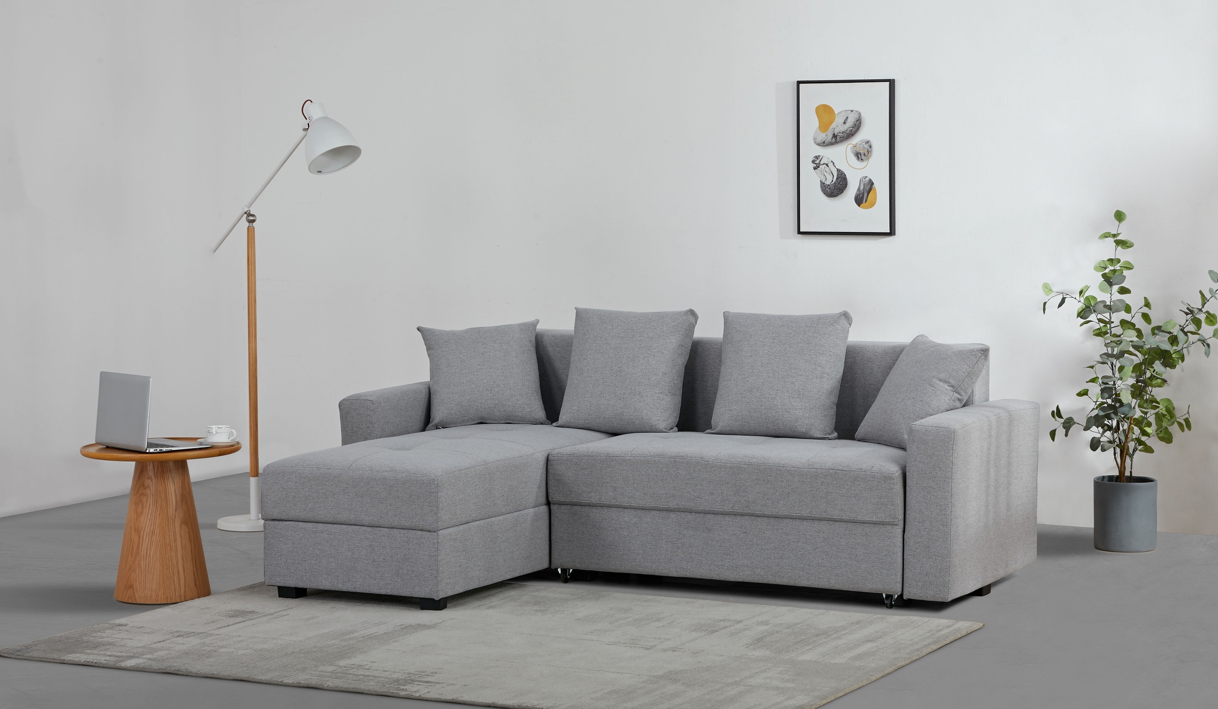 Ecksofa "KILLAM, 217 cm, L-Form, mit Schlaffunktion u. Bettkasten", grau, B:217cm H:85cm T:154cm, 100% Polyester, Sofas, Ecksofa, Schlaffunktion u. Bettkasten, links/rechts, Cord und Webstoff