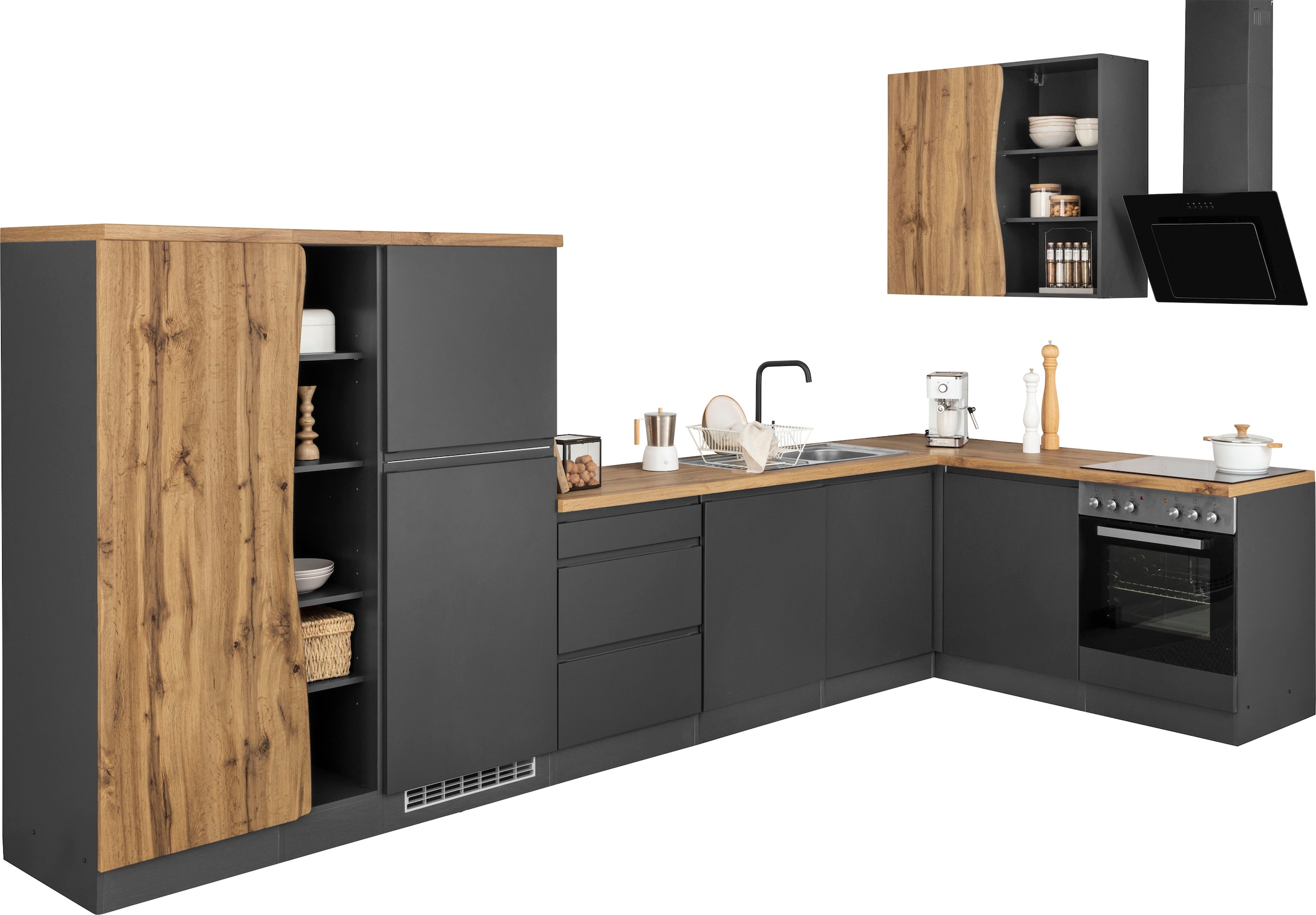 KOCHSTATION Winkelküche »KS-Bruneck«, Stellbreite 380/180 cm breit, wahlweise mit oder ohne E-Geräte, MDF