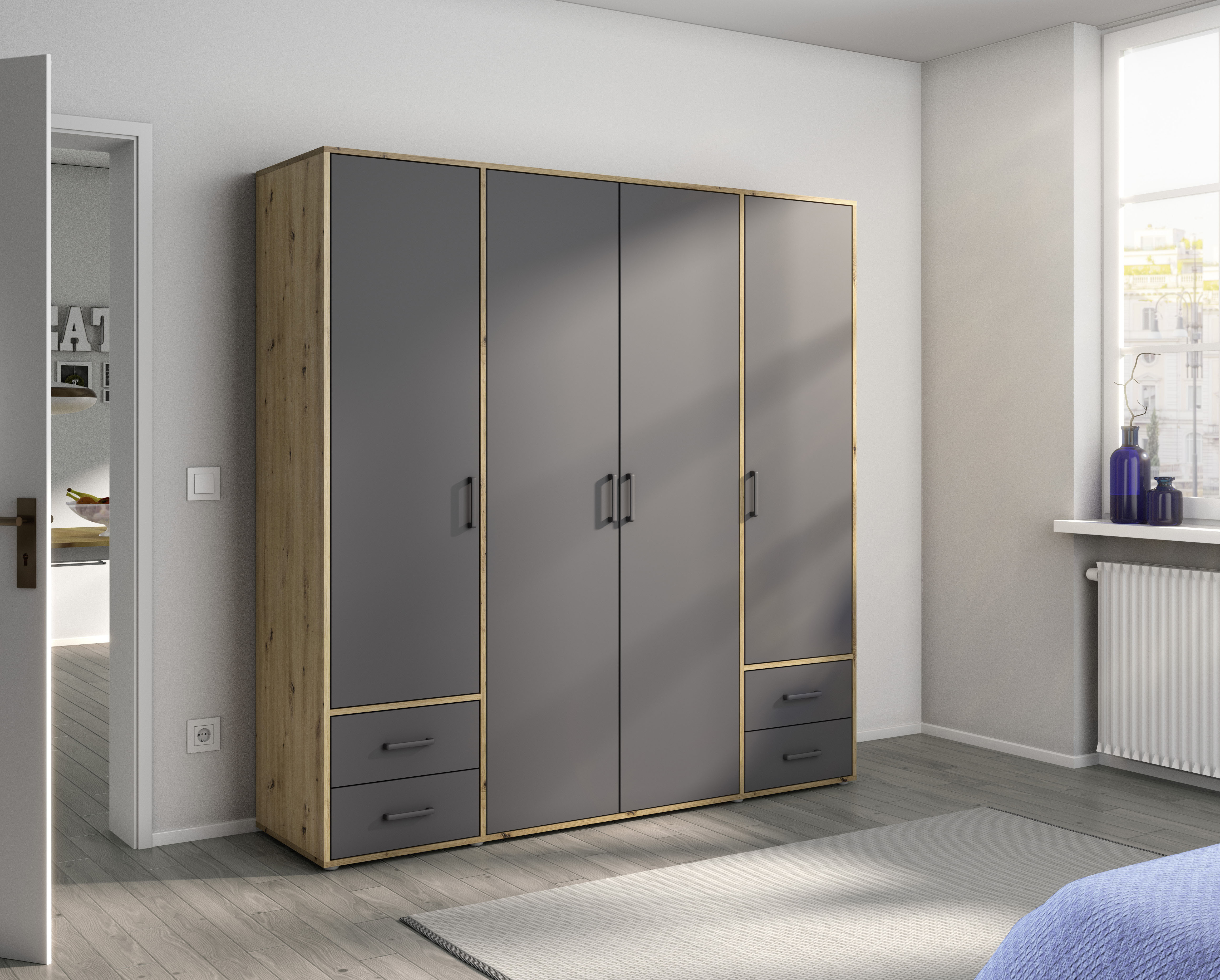 rauch Drehtürenschrank "Kleiderschrank Schrank Garderobe Wäscheschrank VOYAGER" in 3 verschiedenen Ausstattungen BASIC/CLASSIC/PREMIUM, mit 2 modernen Griffvarianten, mit Außenschubladen MADE IN GERMANY
