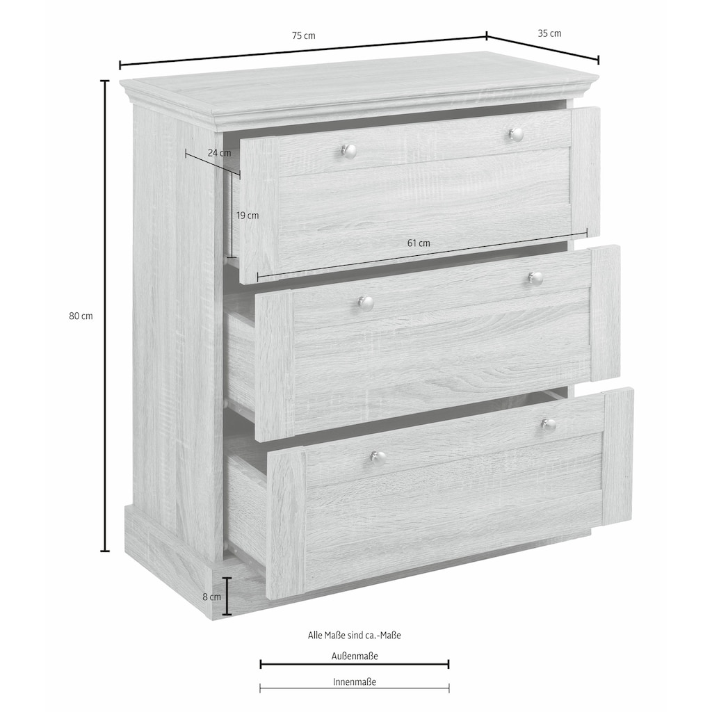 Home affaire Schubkastenkommode »Binz«, mit schönen Metallgriffen, 3 Schubladen, Breite 75 cm