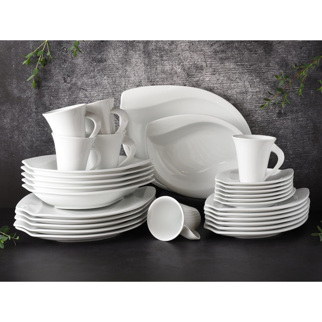 CreaTable Kombiservice »Geschirr-Set ACACIA«, (Set, 30 tlg., Kaffeeservice und Tafelservice im Set, für 6 Personen), Service, weiß, extravagantes Form, 30 Teile, für 6 Personen