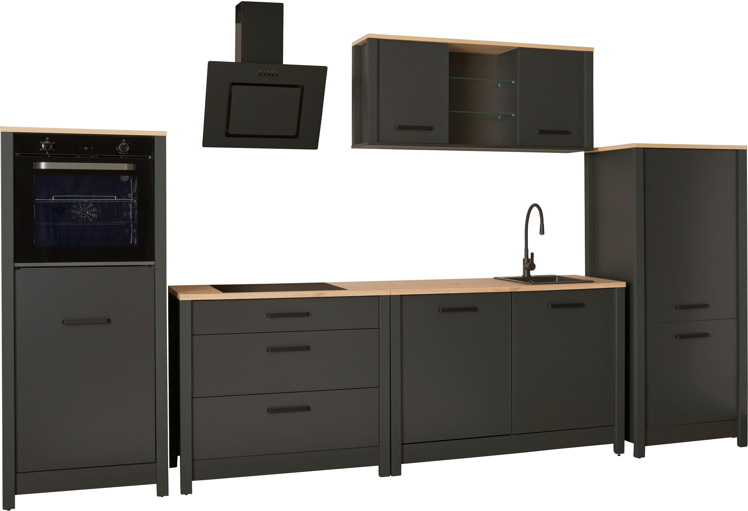 Inter Link Küchenzeile "Pienza, Einbauküche, Küchenblock, Küchenmodul, Kompaktküche" Ohne E-Geräte für Spülmaschine Kochfeld Backofen Kühlschrank B: 370 cm