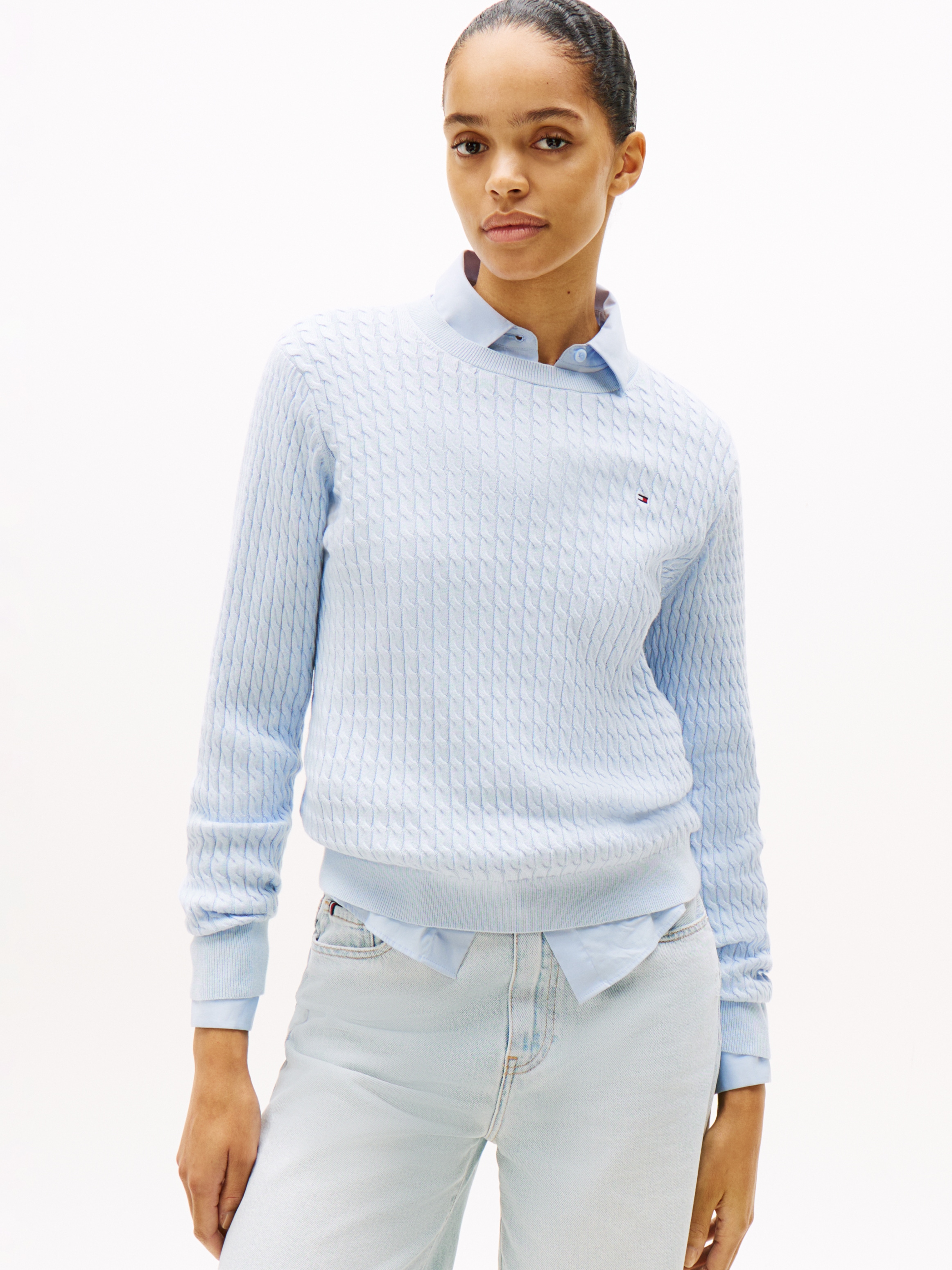 Tommy Hilfiger Rundhalspullover "CO CABLE C-NK LS SWEATER" Baumwolle, mit Zopfmuster, Regular Fit