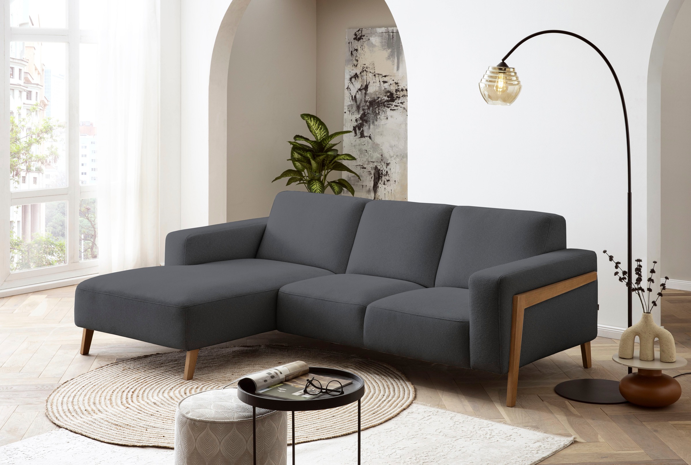 exxpo - sofa fashion Ecksofa »Starr, modern und klassisches Design, hochwertige Verarbeitung, bequem«, L-Form, wahlw. elektrische Sitztiefenverstellung, Massivholzfüße