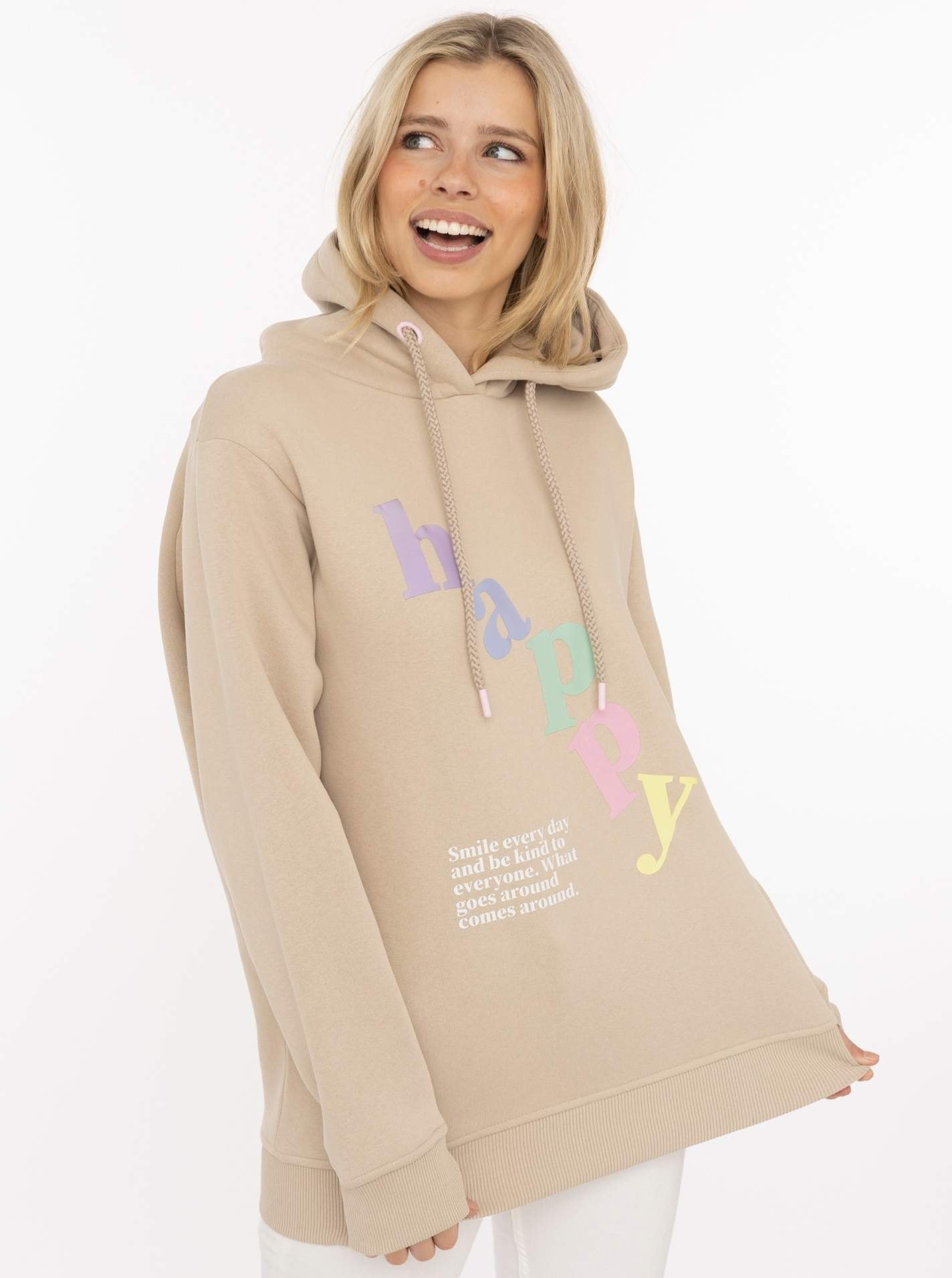 Zwillingsherz Hoodie ""happy"", großer „Happy“ Print, Kapuze mit Kordel, elastische Bündchen