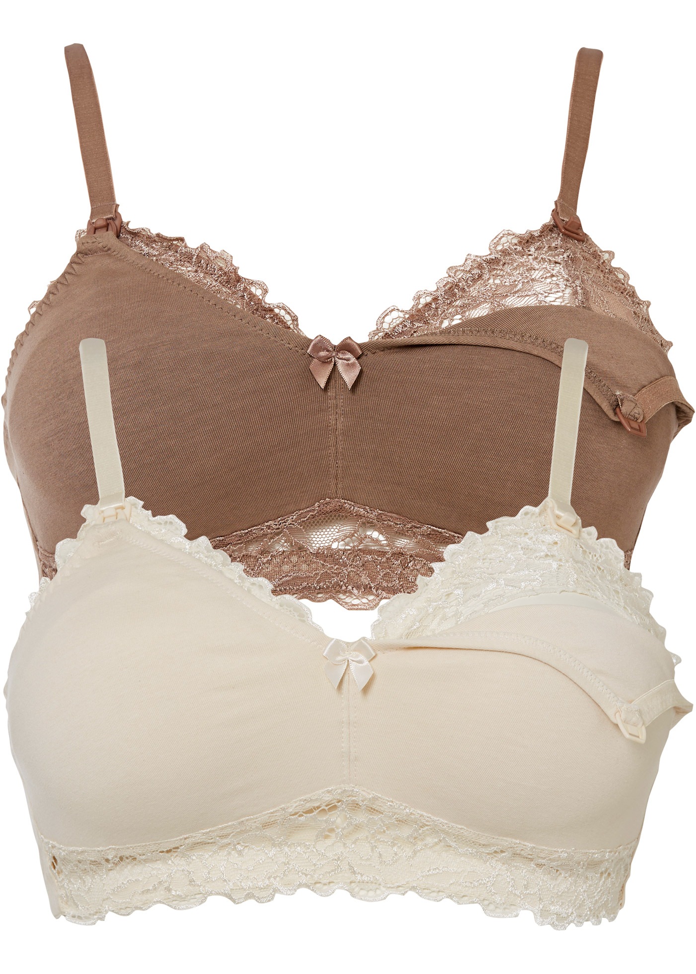 Still-BH BONPRIX, Damen, Gr. 95, Cup E, creme, mattbraun, Obermaterial: 95% Baumwolle, 5% Elasthan. Futter: 95% Baumwolle, 5% Elasthan. Spitze: 93% Polyamid, 7% Elasthan, BHs Still-BH, im praktischen Doppelpack, mit Clip-Verschluss zum einfachen Öffnen