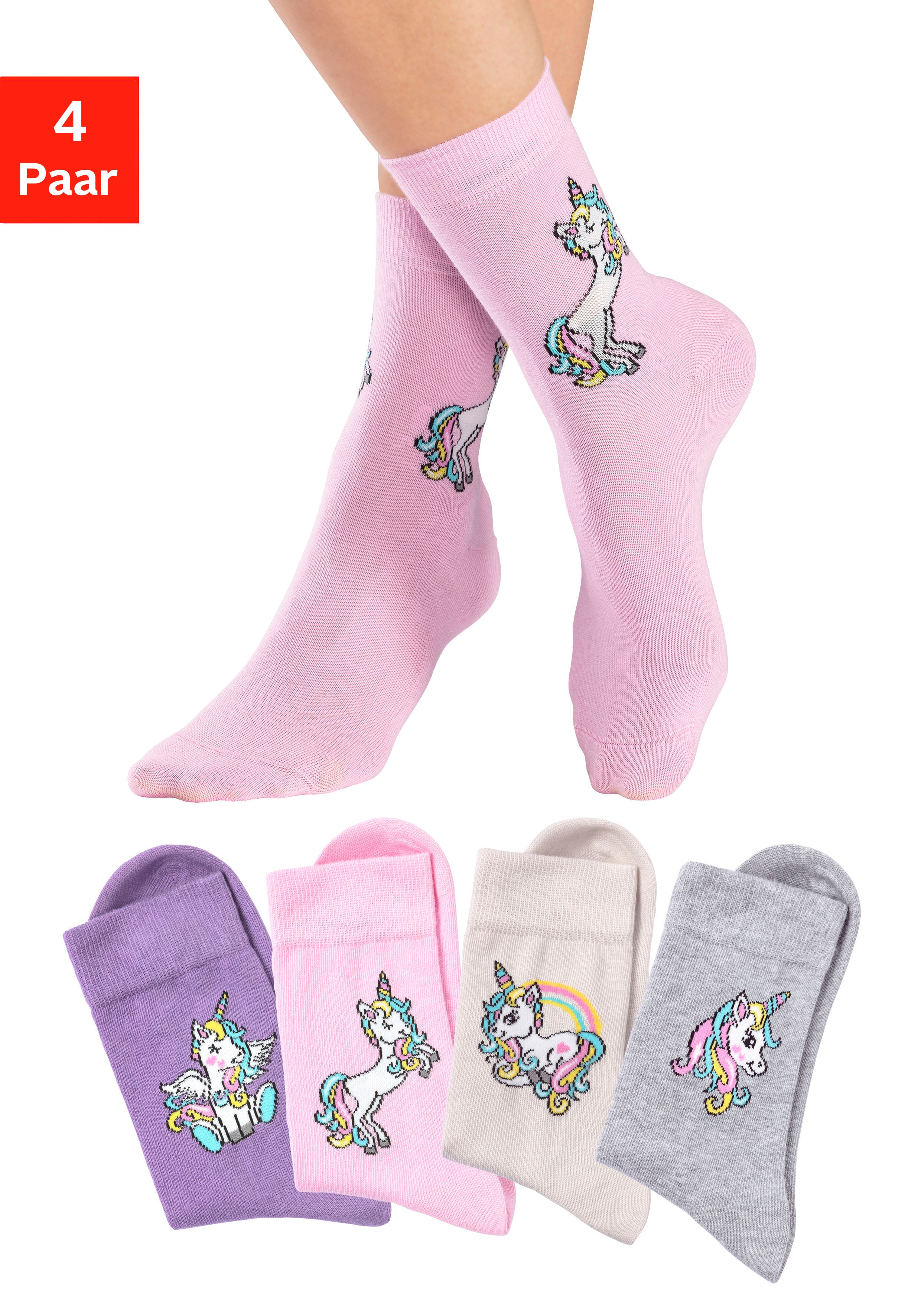 H.I.S Basicsocken "Kinder Mädchen Lustige bunte Socken" Packung, 4 Paar tlg. mit Einhorn Motiven aus Baumwolle