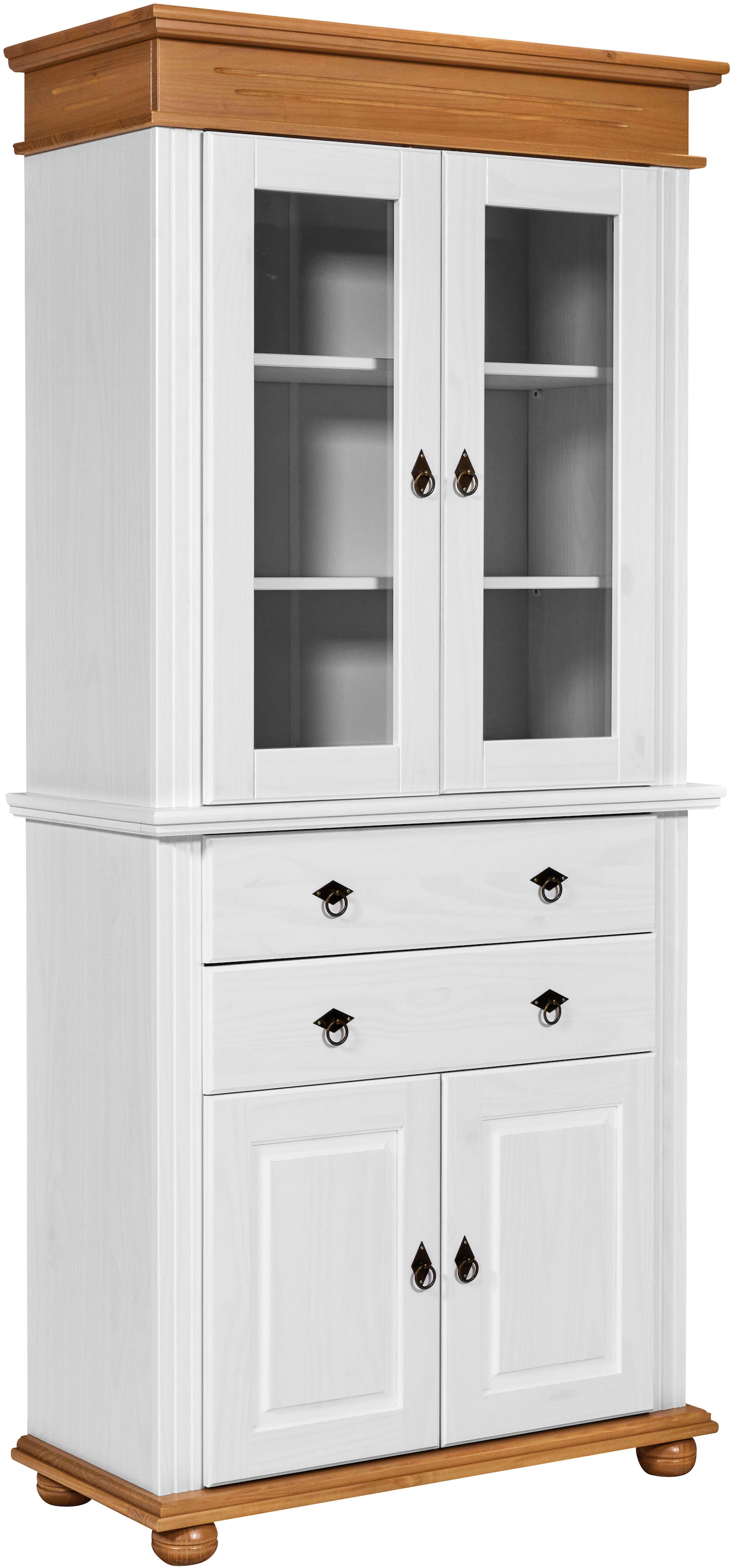 Inter Link Vitrine »Halmaro, Kiefer Massivholz, Weiss/Grau-Lava, 101 x 46,30 x 220 cm« 1 Stk. tlg. Buffet im Laudhausstil, Küchenschrank mit Glastüren, viel Stauraum